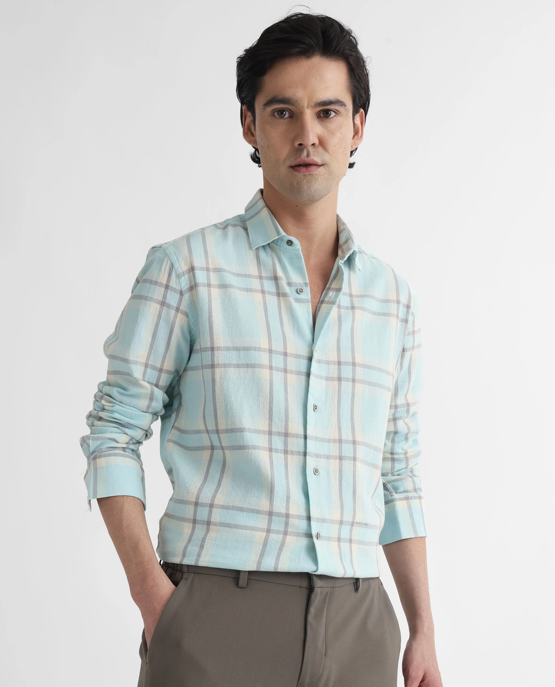 Rare Rabbit Men's Cardin Pastel Blue Checked Print Regular Fit Full Sleeve Collared Shirt - Image 3