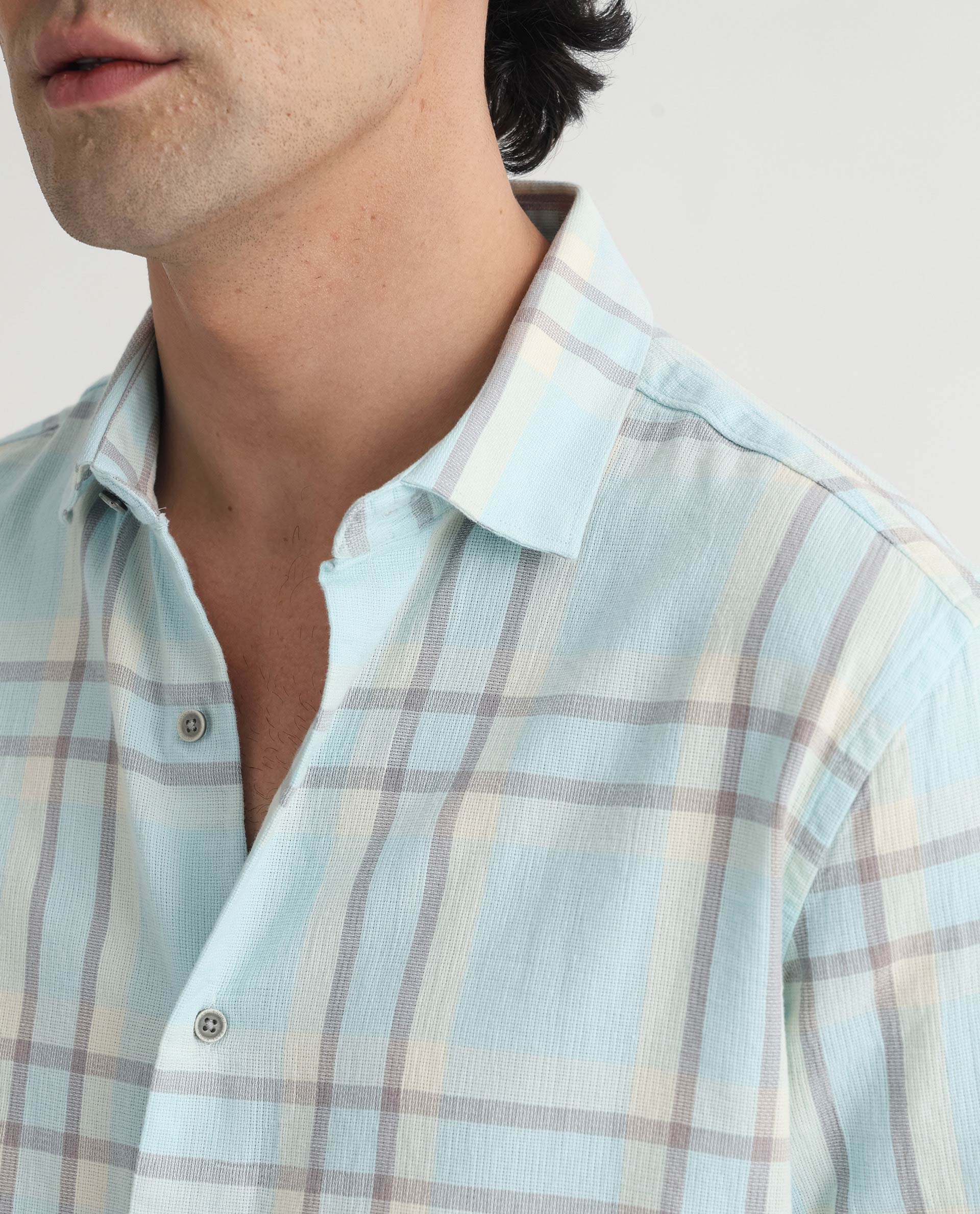 Rare Rabbit Men's Cardin Pastel Blue Checked Print Regular Fit Full Sleeve Collared Shirt - Image 4