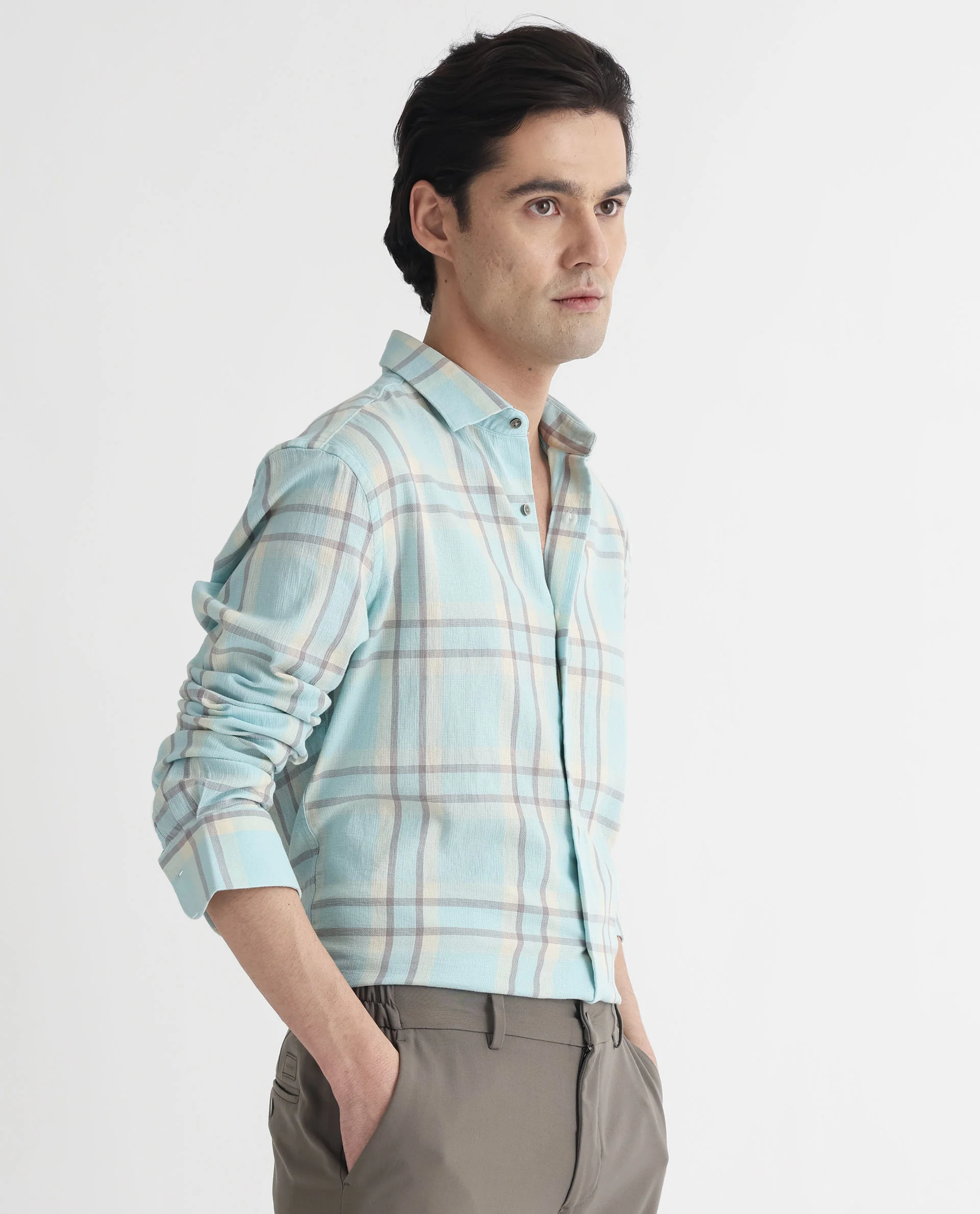 Rare Rabbit Men's Cardin Pastel Blue Checked Print Regular Fit Full Sleeve Collared Shirt - Image 6
