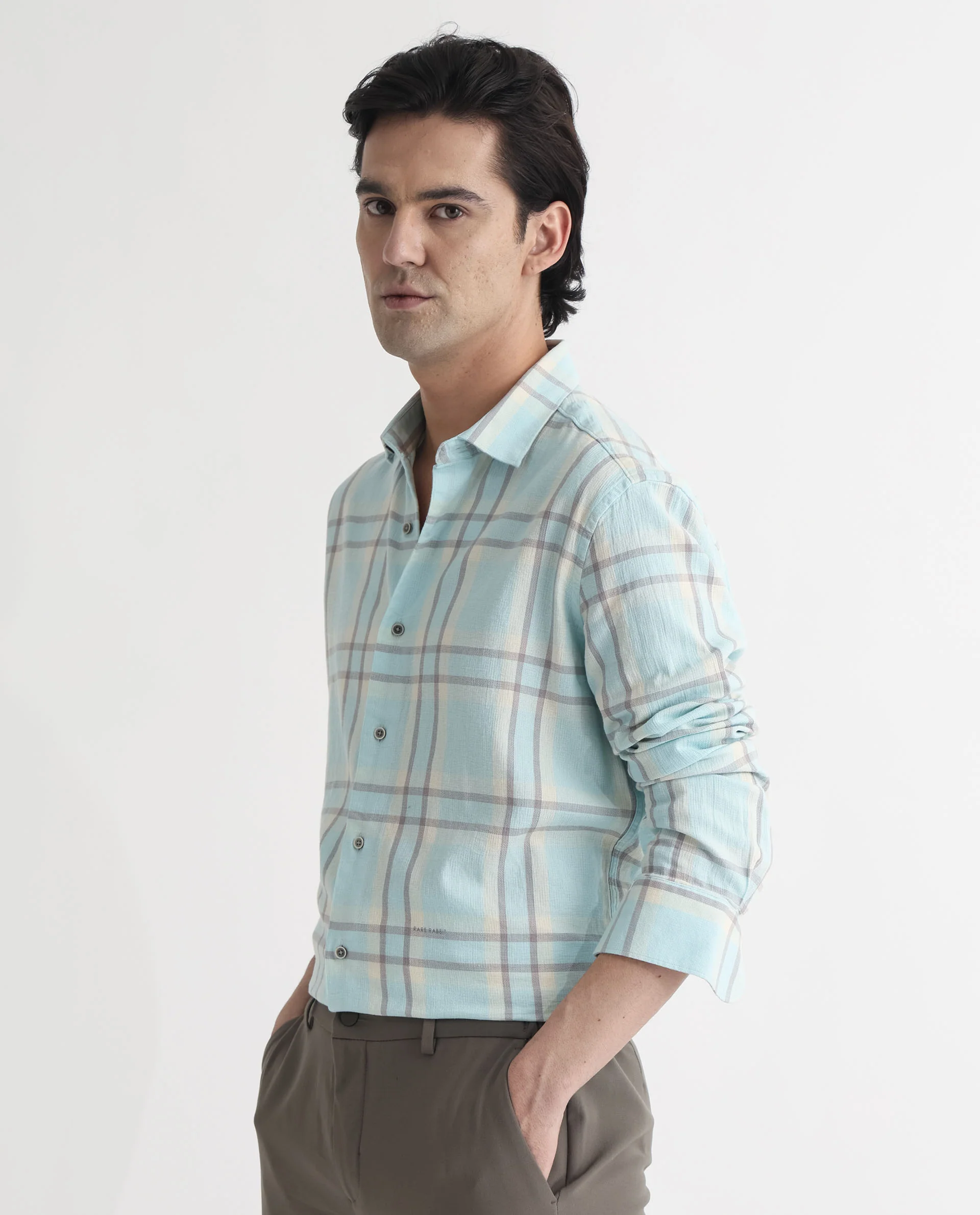 Rare Rabbit Men's Cardin Pastel Blue Checked Print Regular Fit Full Sleeve Collared Shirt - Image 7
