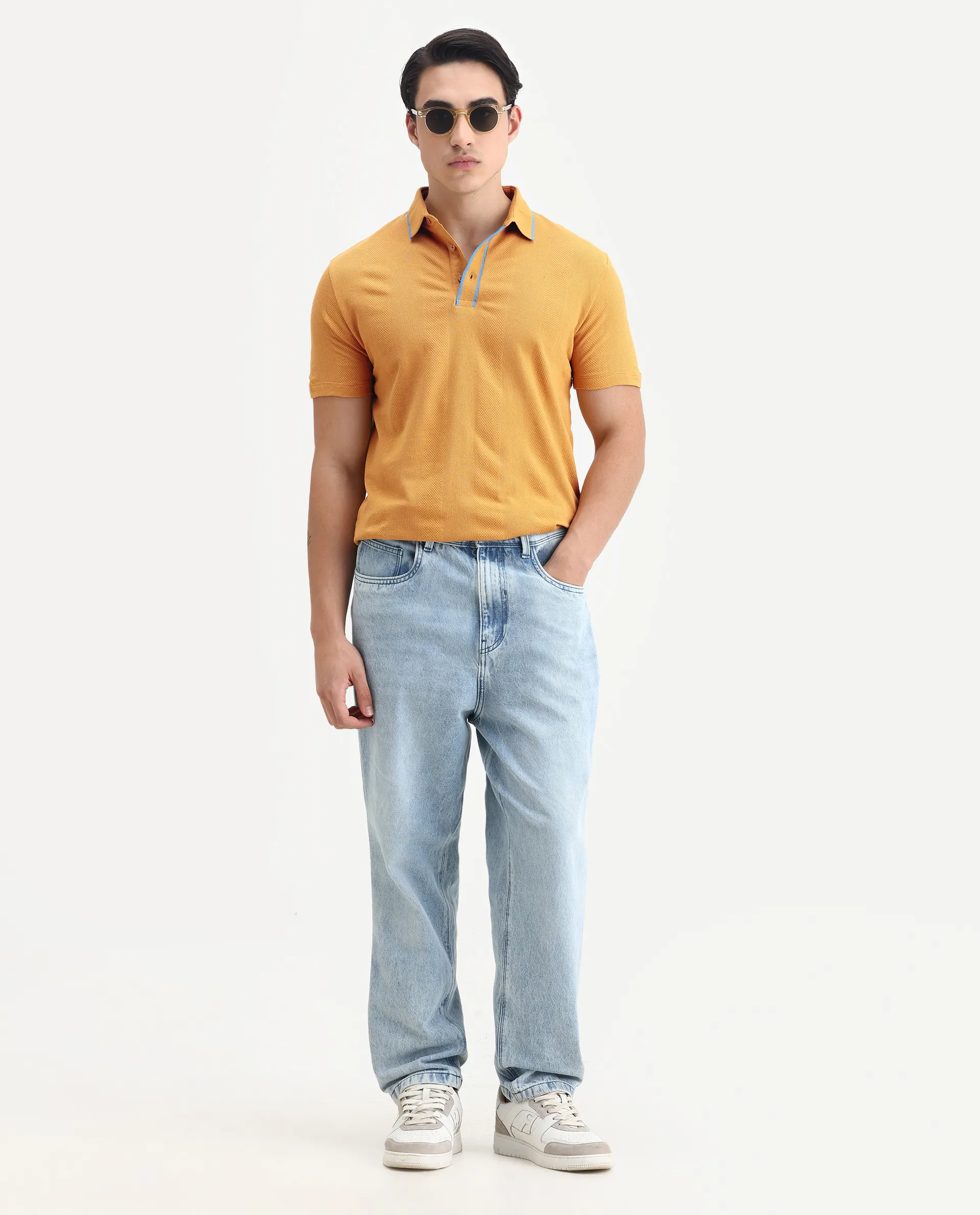Rare Rabbit Men's Cardona Mustard Cotton Striped Print Regular Fit Half Sleeve Polo - Image 2
