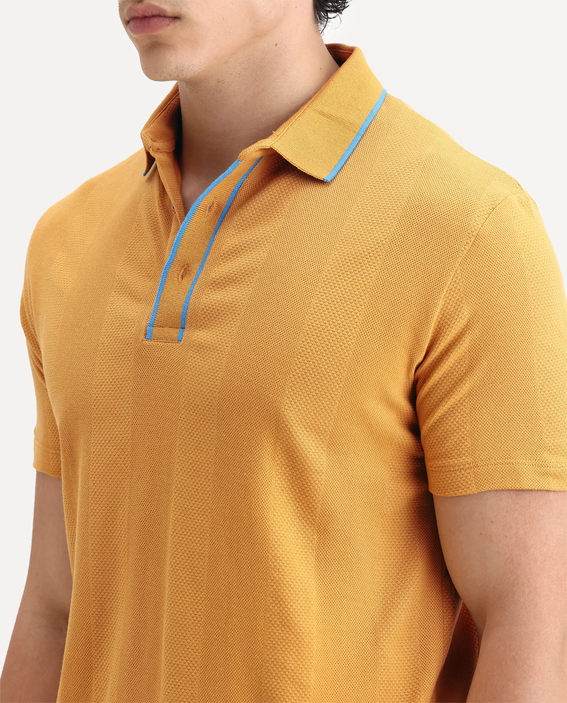 Rare Rabbit Men's Cardona Mustard Cotton Striped Print Regular Fit Half Sleeve Polo - Image 3