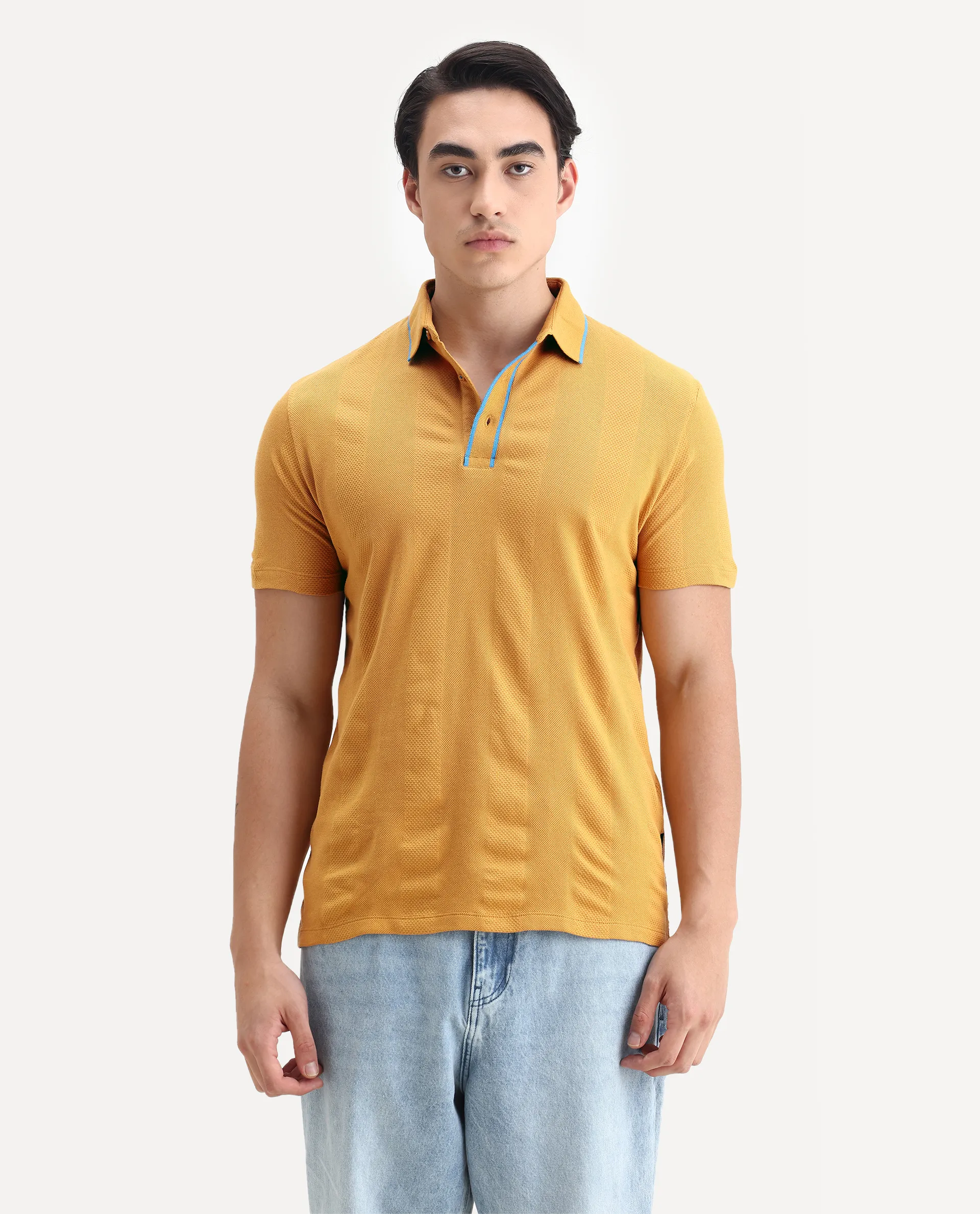 Rare Rabbit Men's Cardona Mustard Cotton Striped Print Regular Fit Half Sleeve Polo - Image 4