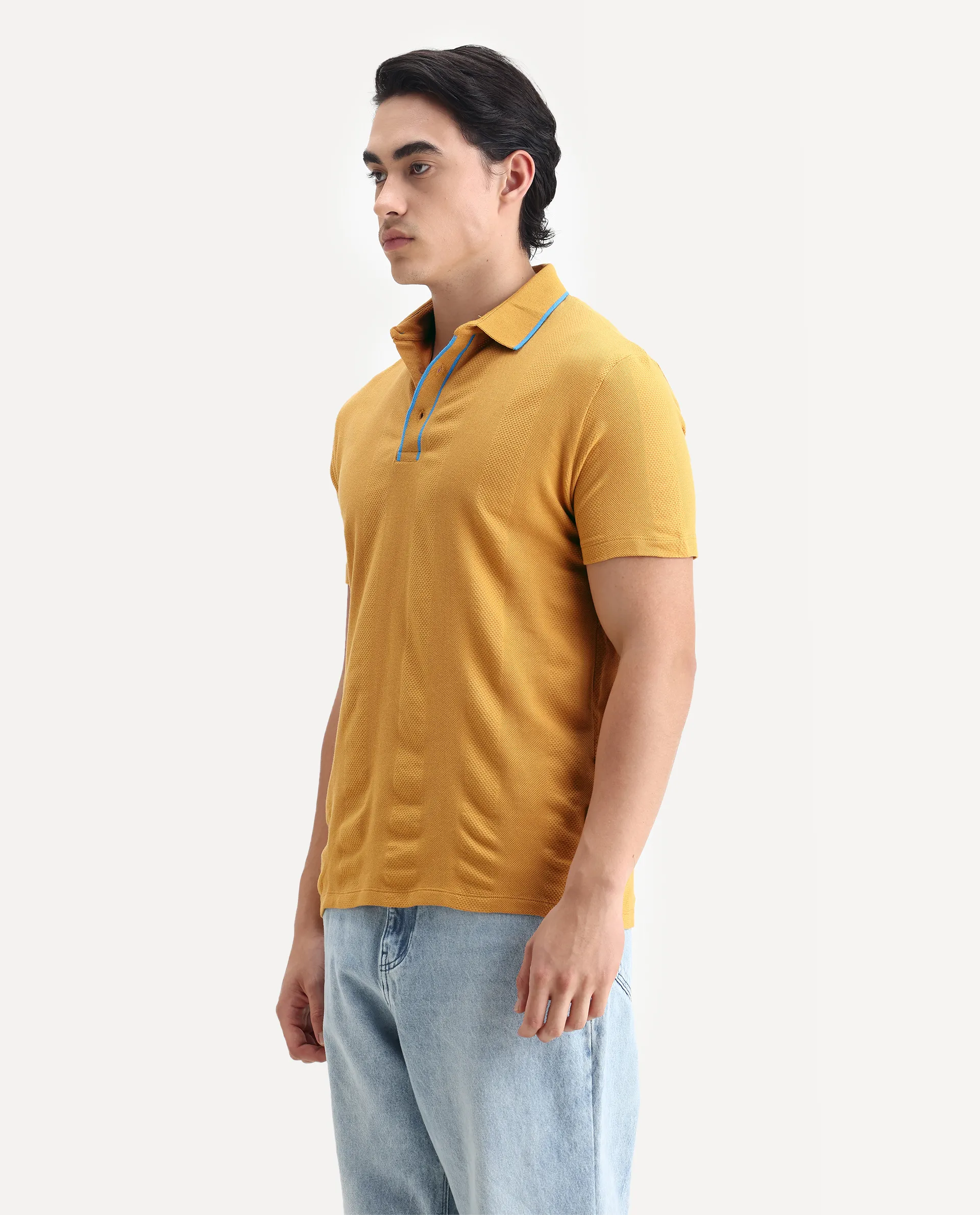Rare Rabbit Men's Cardona Mustard Cotton Striped Print Regular Fit Half Sleeve Polo - Image 5