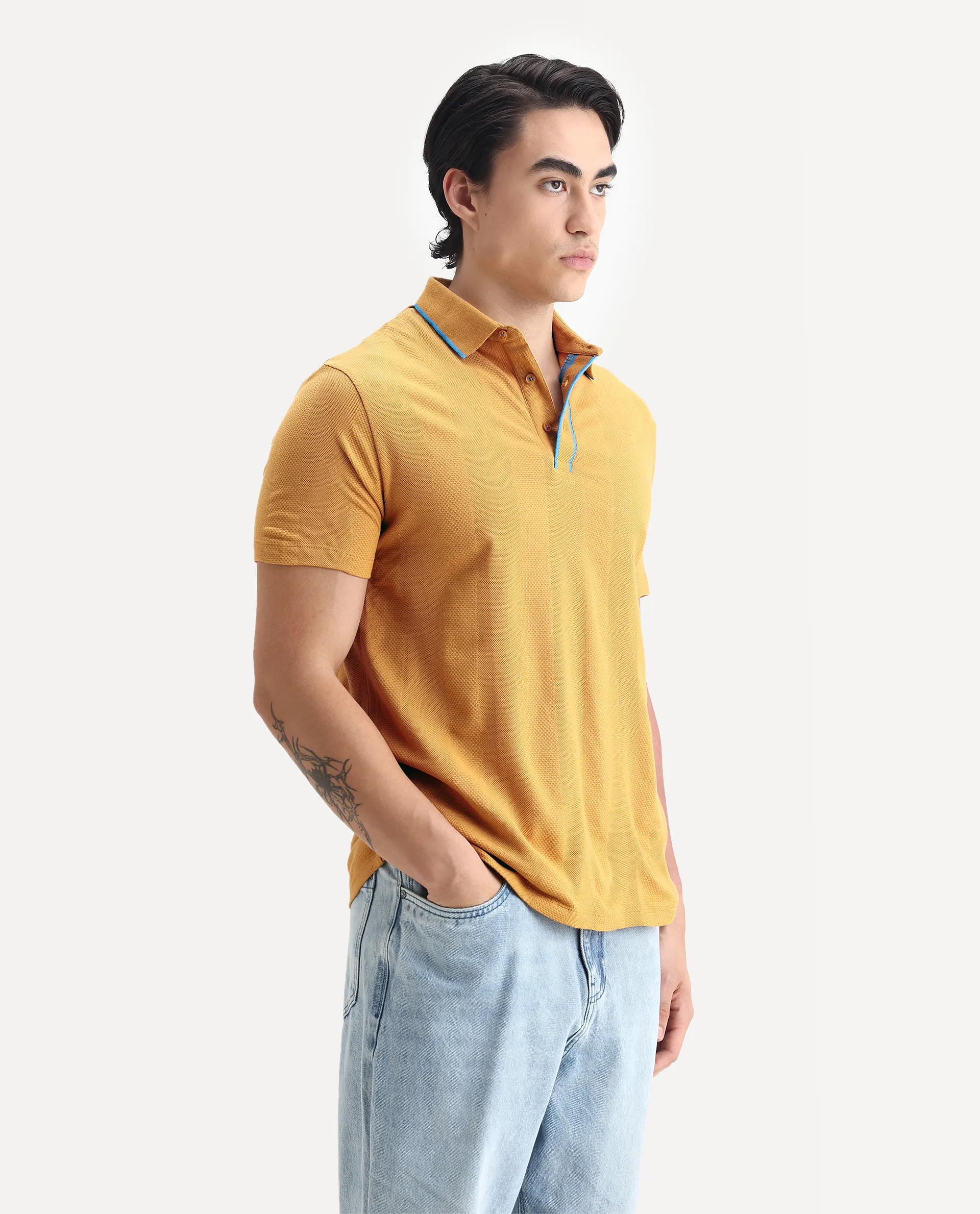 Rare Rabbit Men's Cardona Mustard Cotton Striped Print Regular Fit Half Sleeve Polo - Image 6