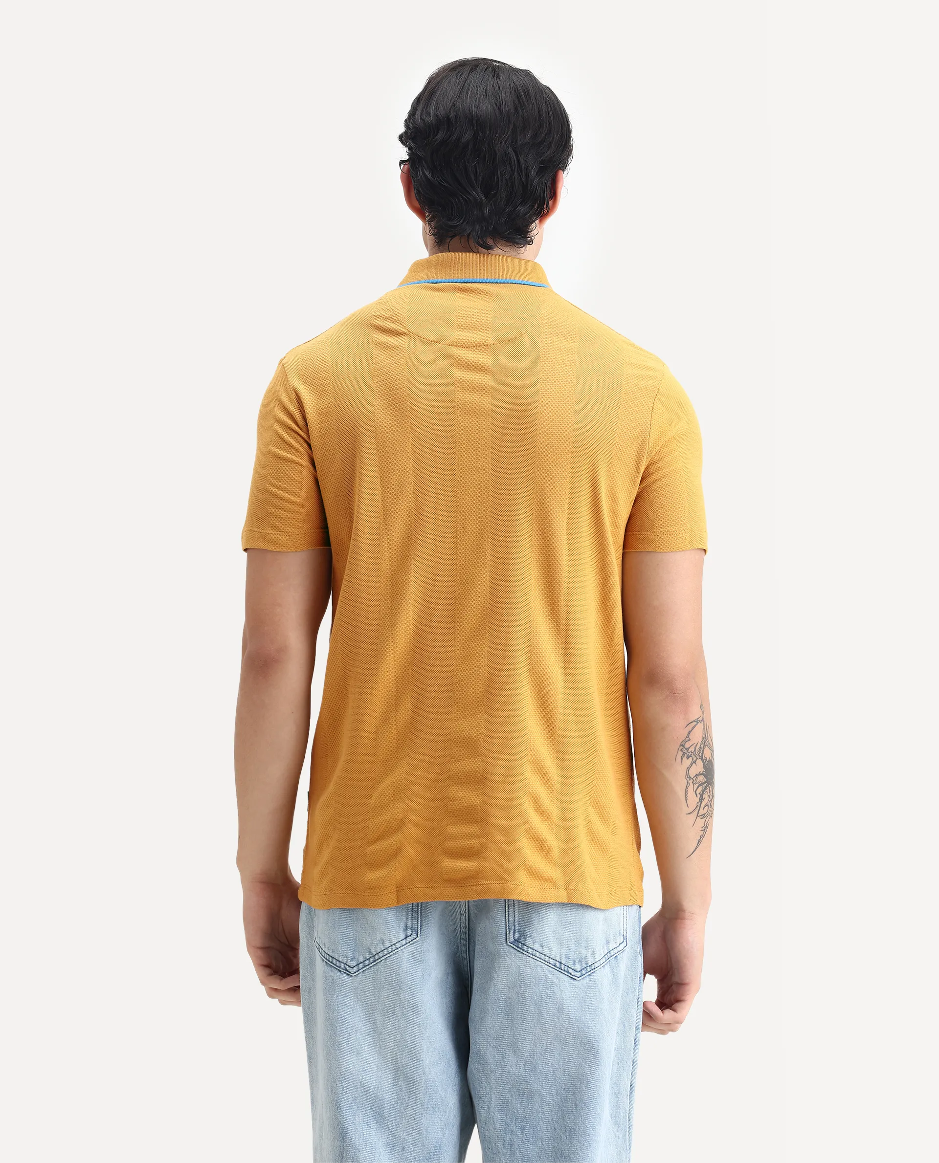 Rare Rabbit Men's Cardona Mustard Cotton Striped Print Regular Fit Half Sleeve Polo - Image 7
