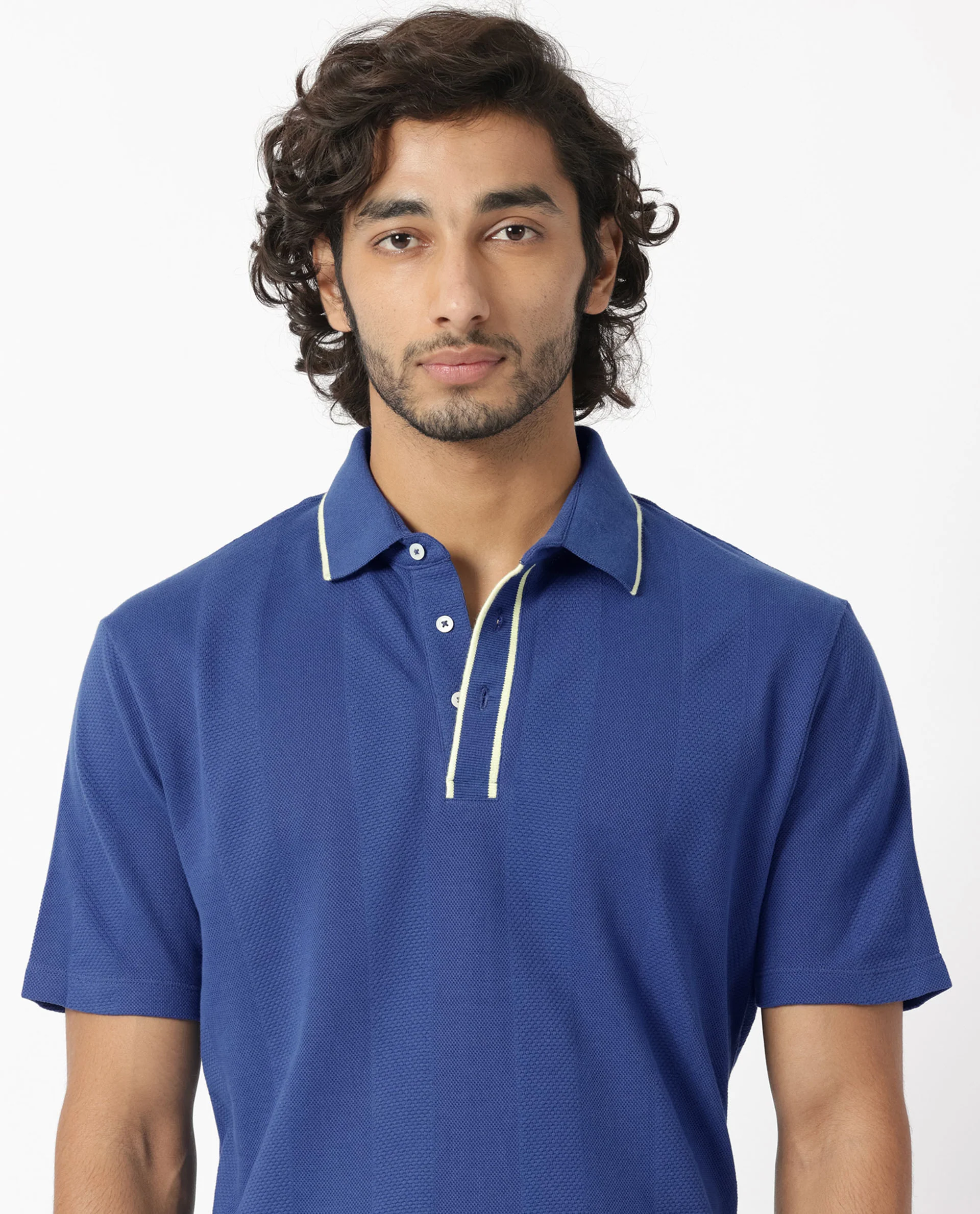 Rare Rabbit Men's Cardona Navy Cotton Striped Print Regular Fit Half Sleeve Polo