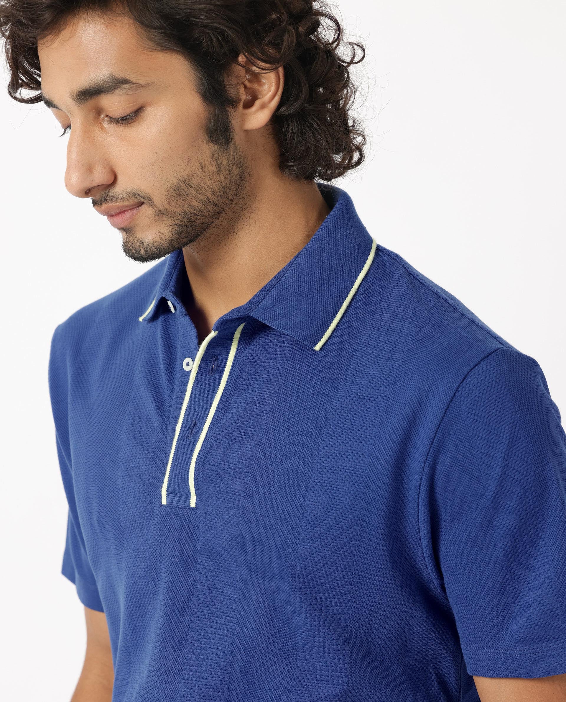 Rare Rabbit Men's Cardona Navy Cotton Striped Print Regular Fit Half Sleeve Polo - Image 5