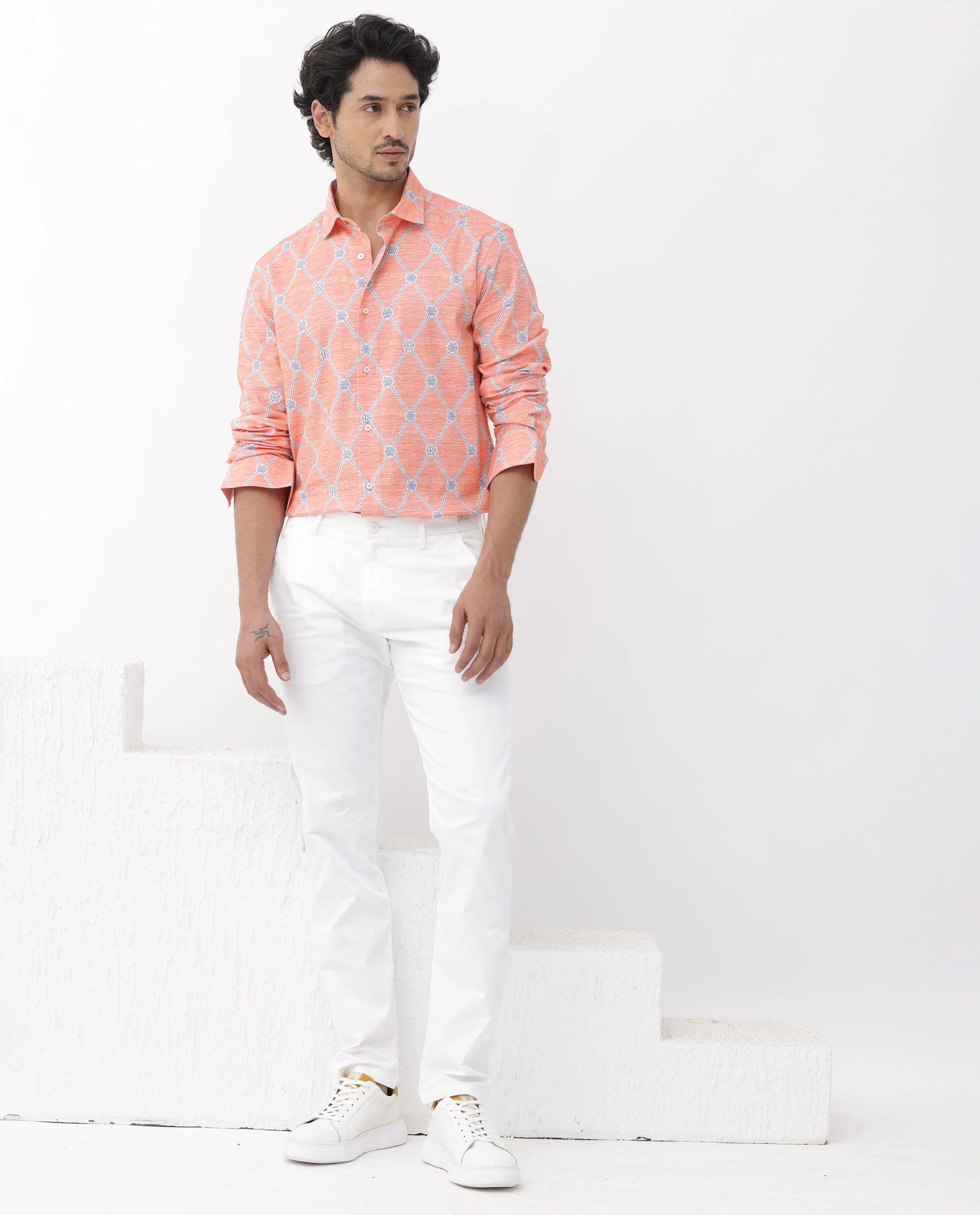 Rare Rabbit Men's Cardoz Orange Viscose Decorative Print Regular Fit Full Sleeve Spread Collar Shirt - Image 2