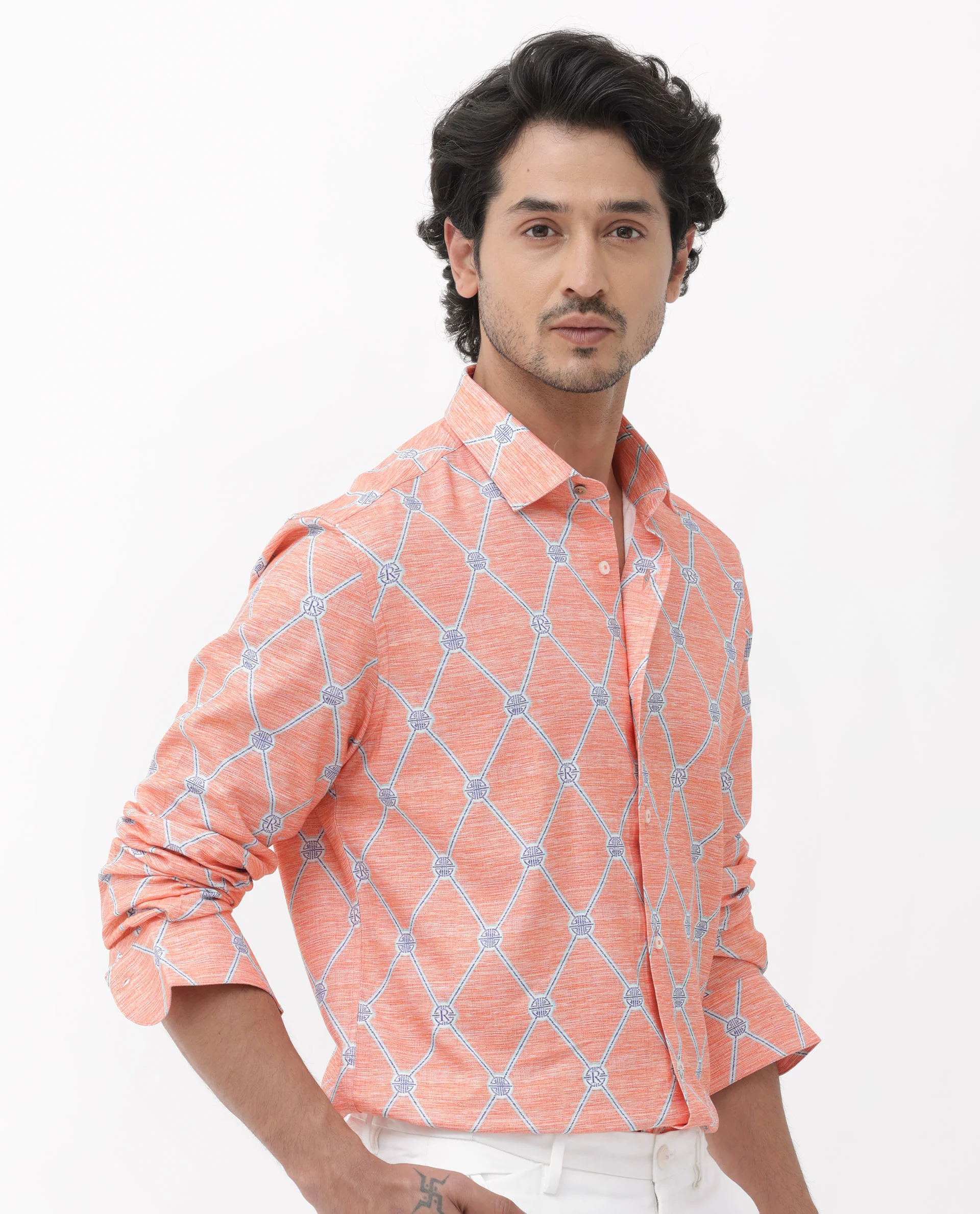 Rare Rabbit Men's Cardoz Orange Viscose Decorative Print Regular Fit Full Sleeve Spread Collar Shirt - Image 3
