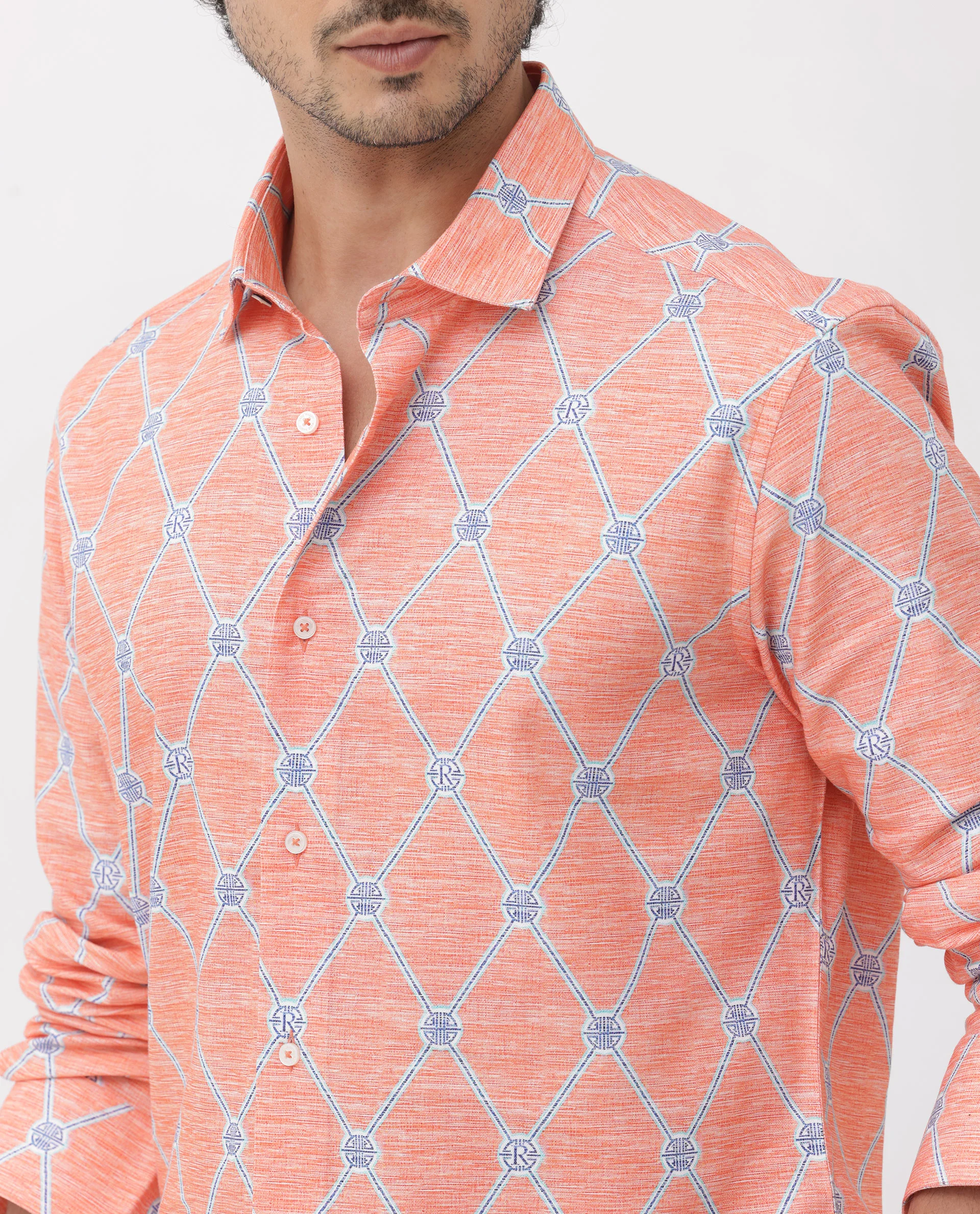 Rare Rabbit Men's Cardoz Orange Viscose Decorative Print Regular Fit Full Sleeve Spread Collar Shirt - Image 5