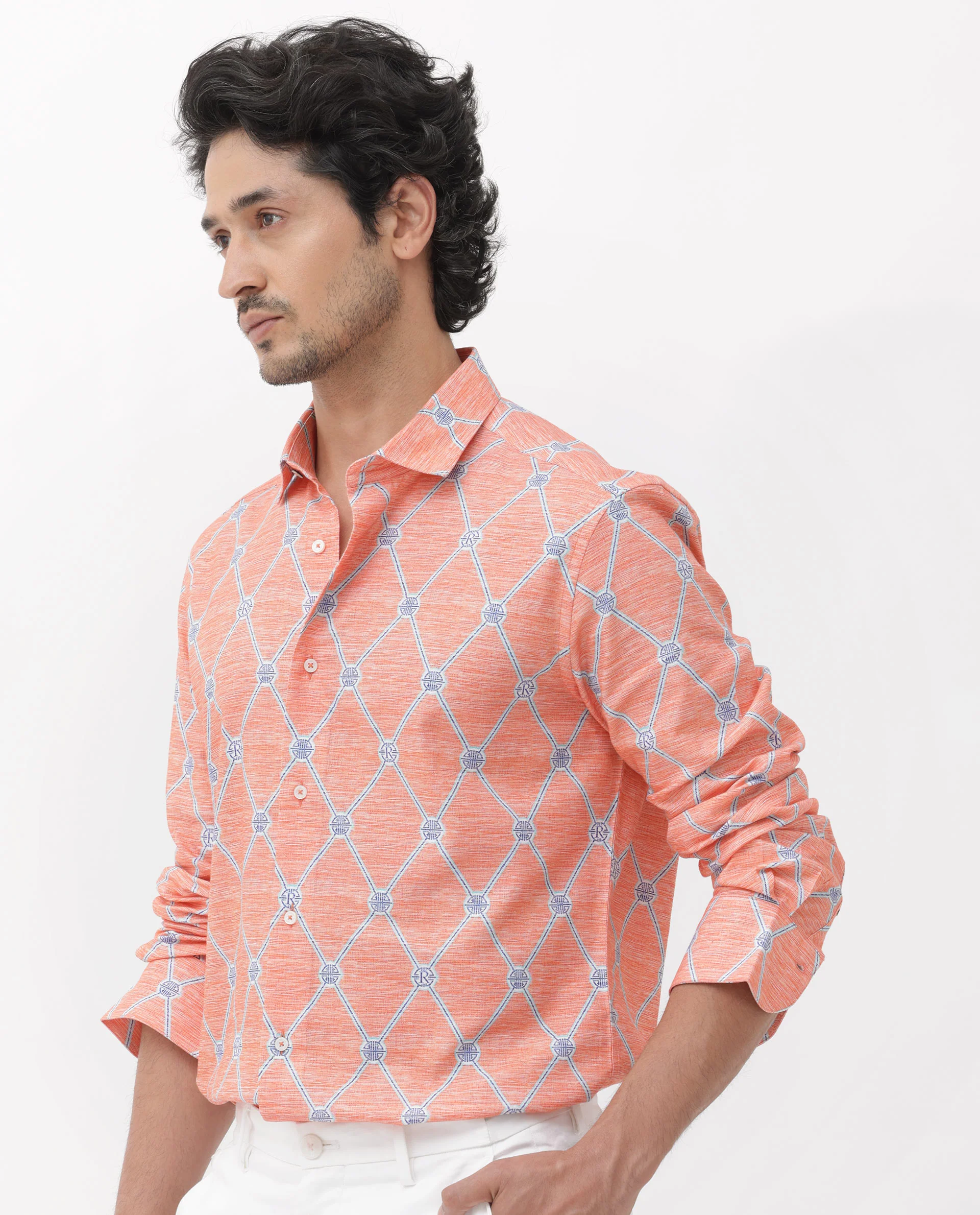 Rare Rabbit Men's Cardoz Orange Viscose Decorative Print Regular Fit Full Sleeve Spread Collar Shirt - Image 6