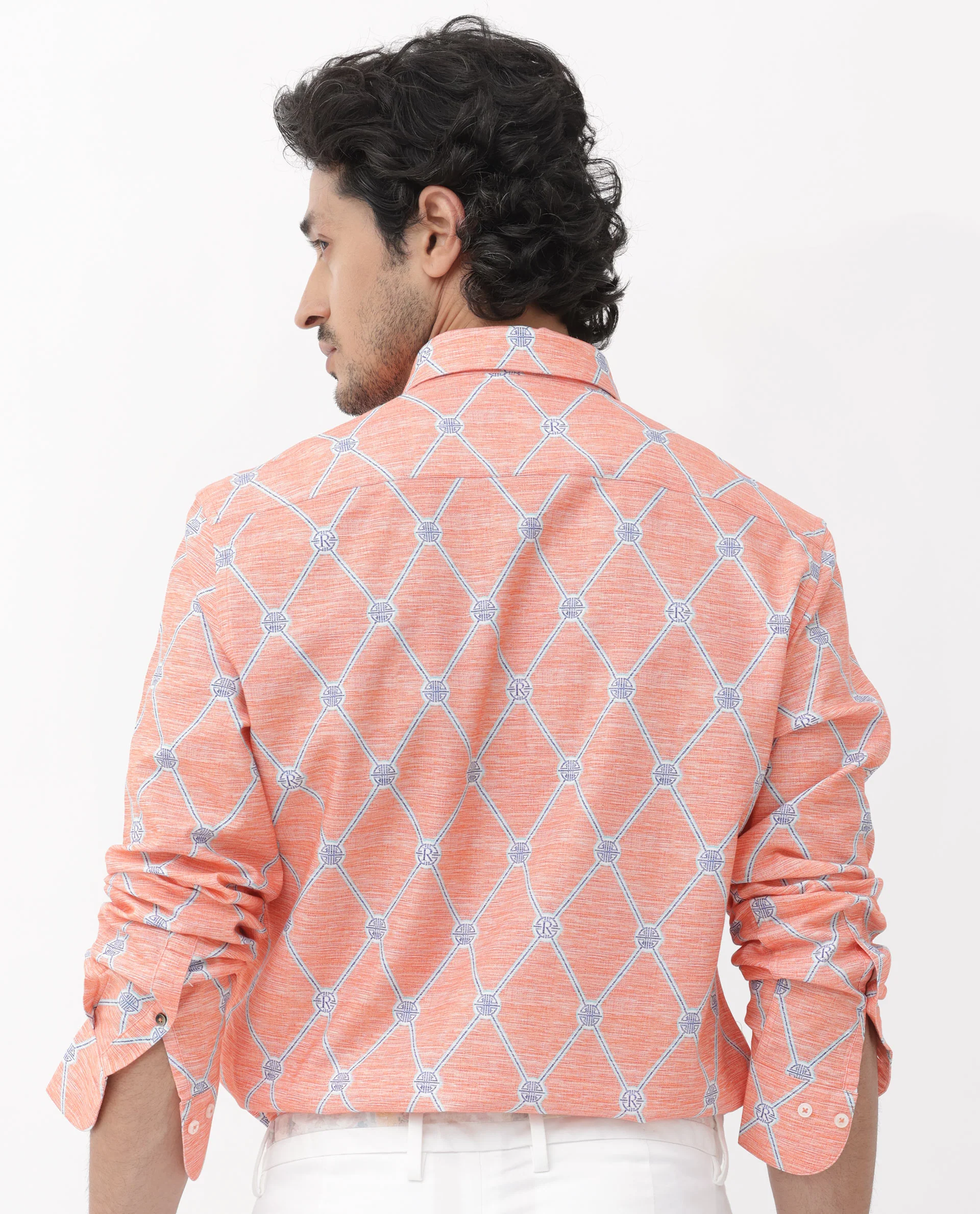 Rare Rabbit Men's Cardoz Orange Viscose Decorative Print Regular Fit Full Sleeve Spread Collar Shirt - Image 7