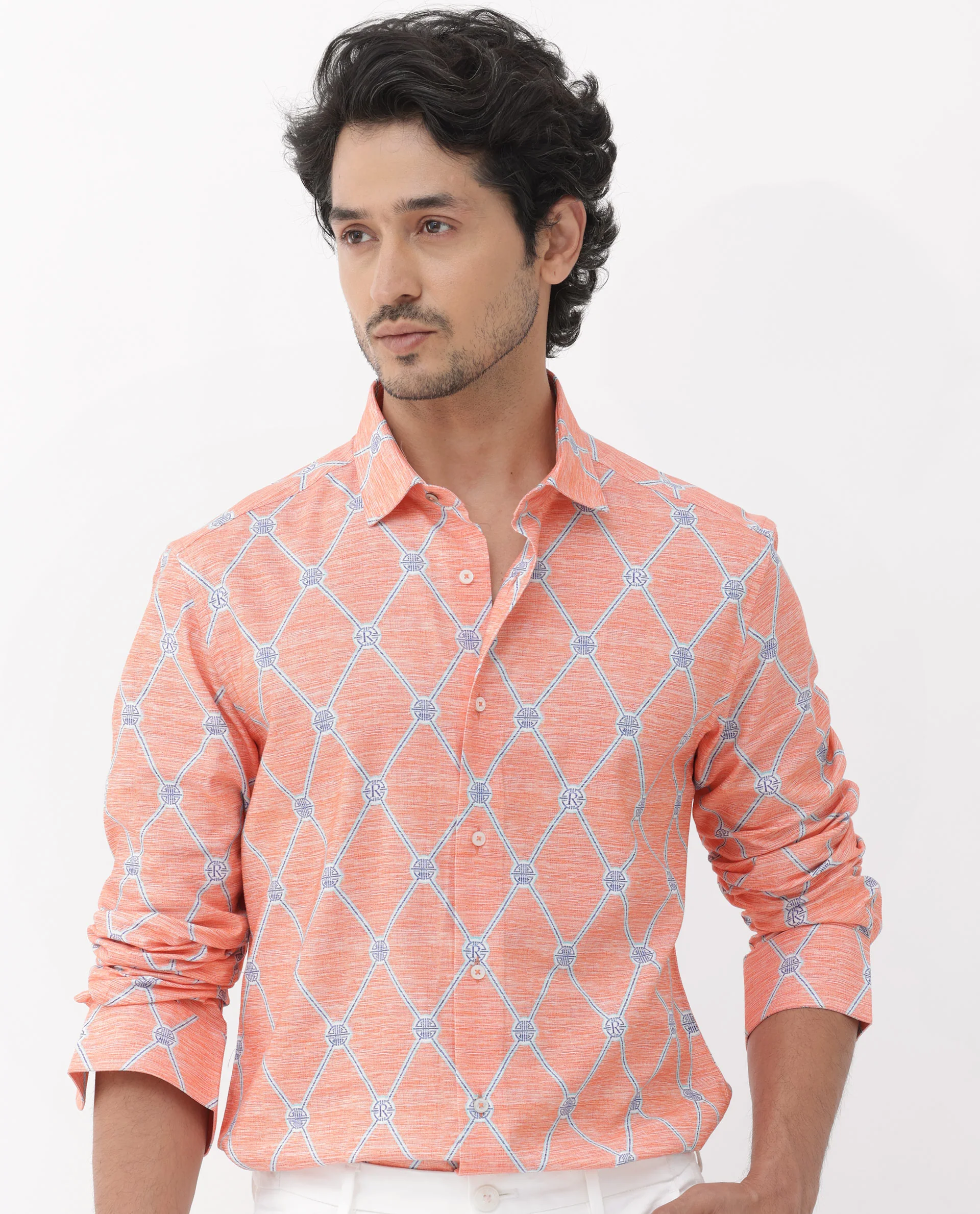 Rare Rabbit Men's Cardoz Orange Viscose Decorative Print Regular Fit Full Sleeve Spread Collar Shirt - Image 8
