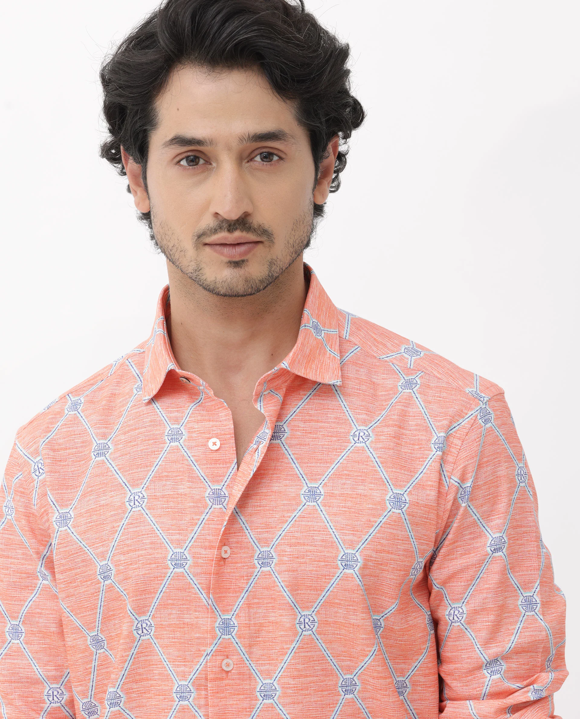 Rare Rabbit Men's Cardoz Orange Viscose Decorative Print Regular Fit Full Sleeve Spread Collar Shirt - Image 9