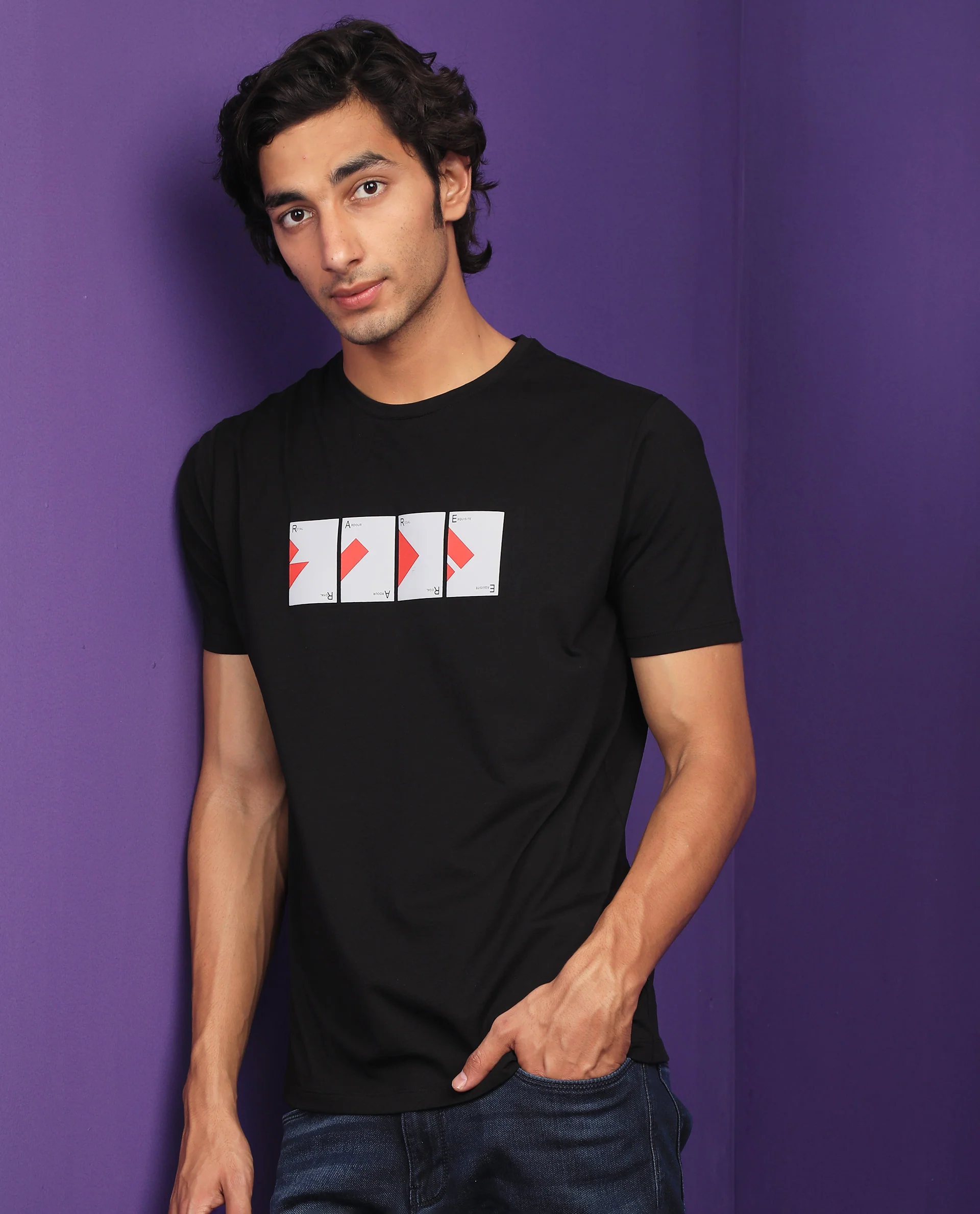 Rare Rabbit Men's Cards Black Cotton Graphic Print Slim Fit Half Sleeve Crew Neck T-Shirt - Image 2