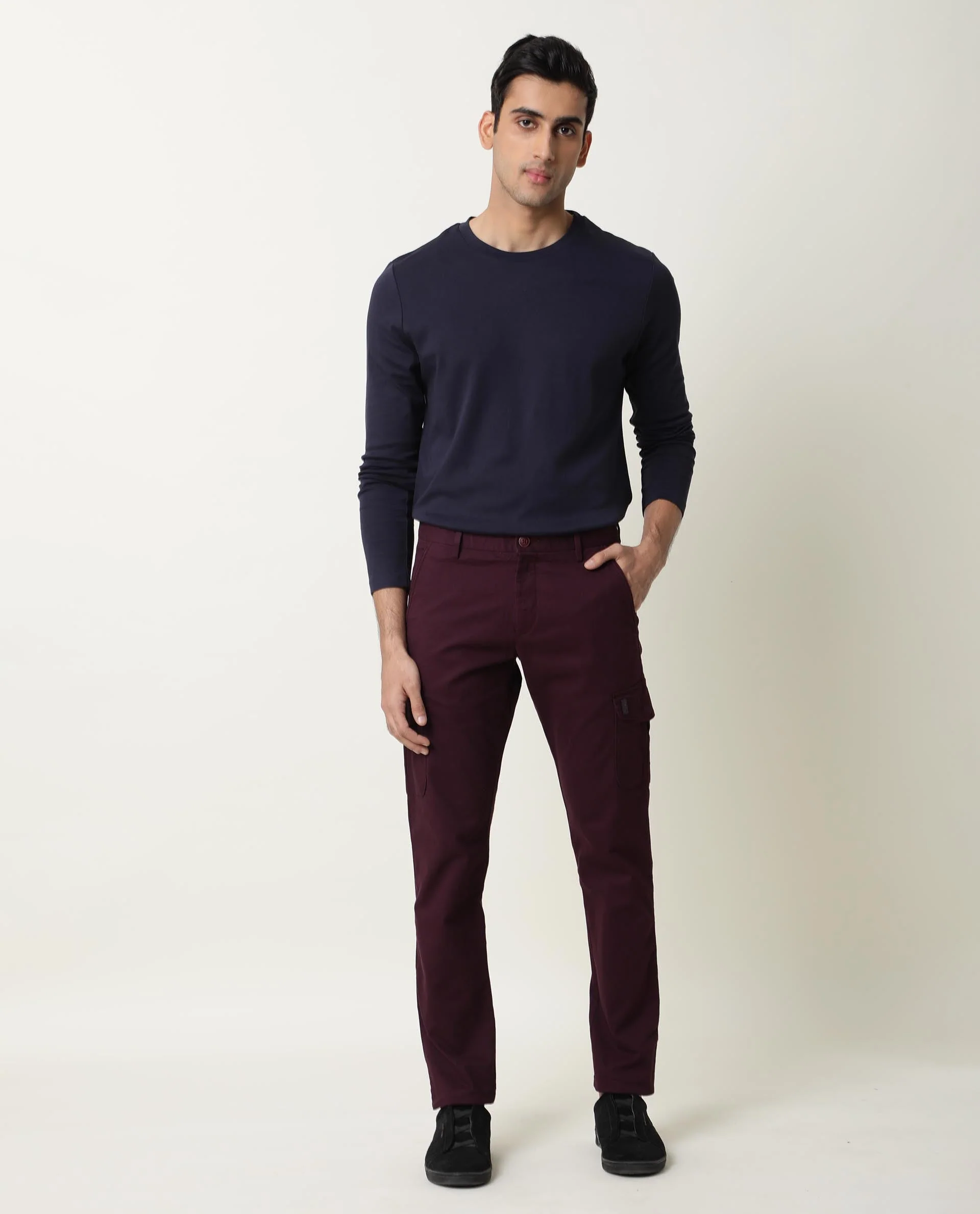 Rare Rabbit Men's Cargo Maroon Cotton Plain Regular Fit Trouser - Image 2