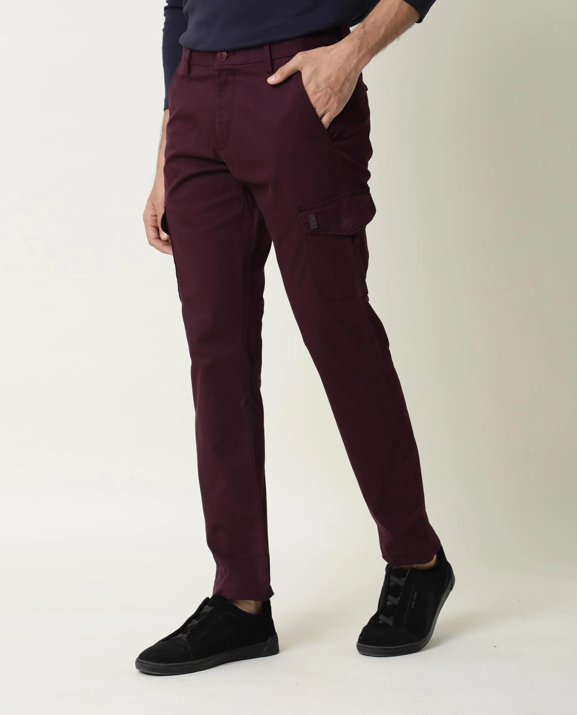 Rare Rabbit Men's Cargo Maroon Cotton Plain Regular Fit Trouser - Image 3