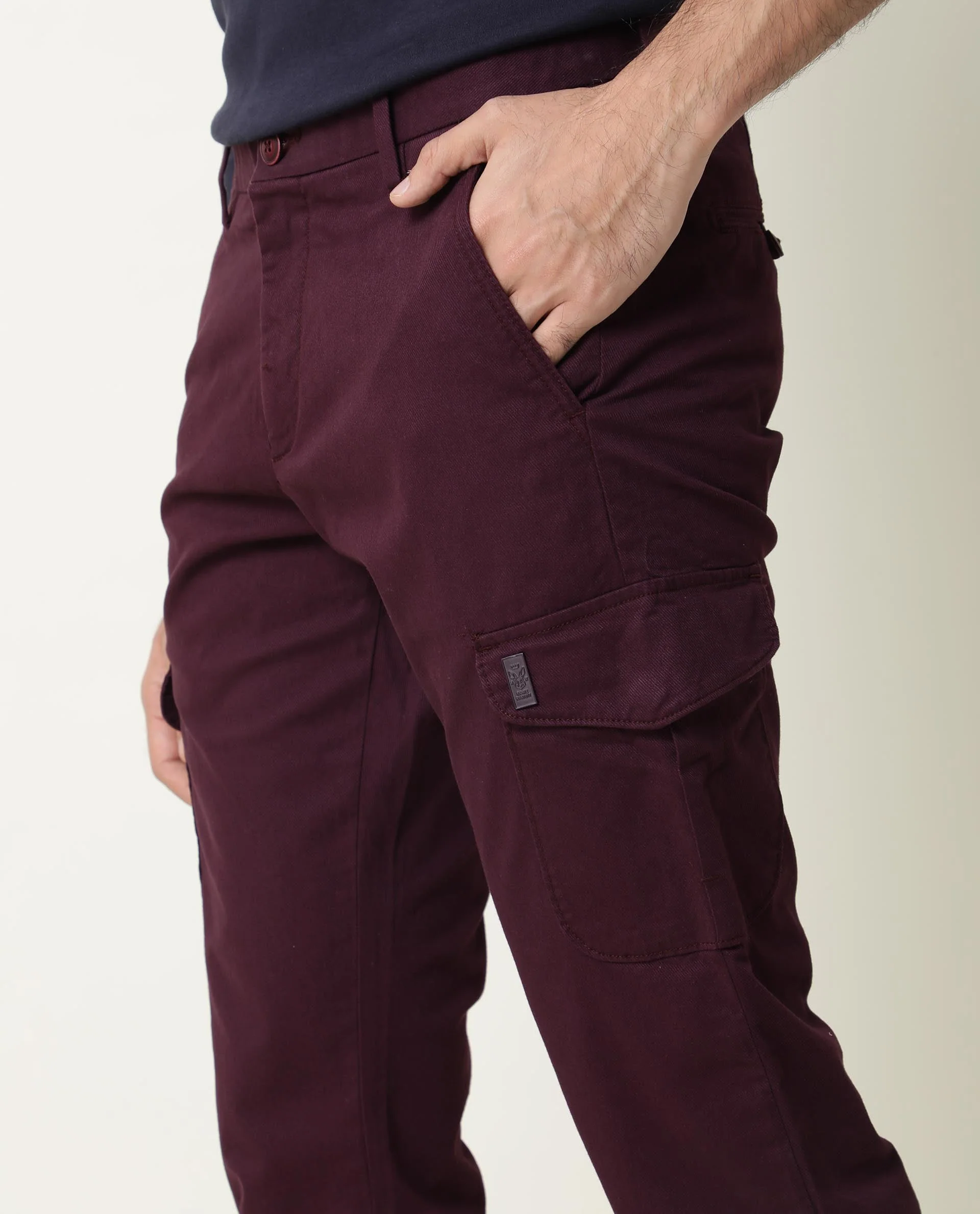 Rare Rabbit Men's Cargo Maroon Cotton Plain Regular Fit Trouser - Image 4