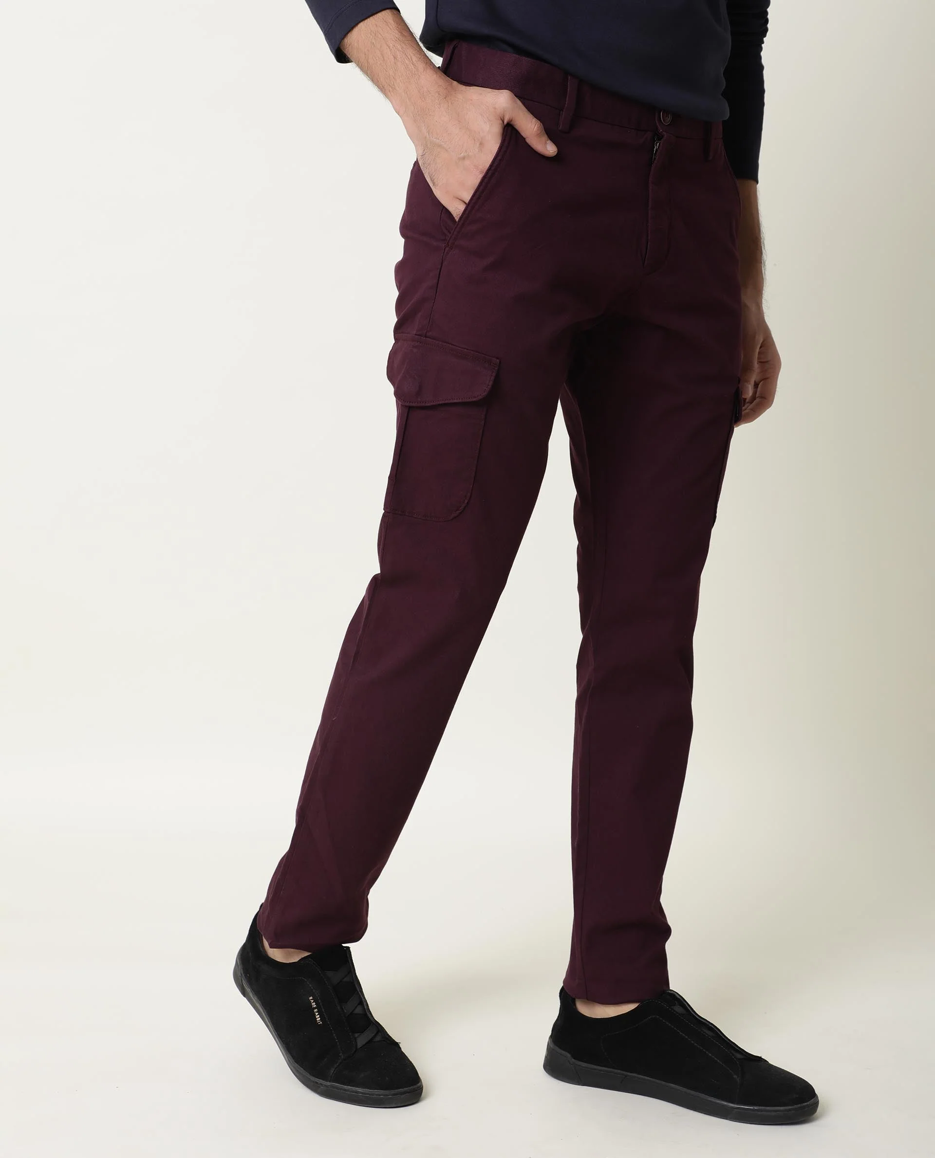 Rare Rabbit Men's Cargo Maroon Cotton Plain Regular Fit Trouser - Image 5