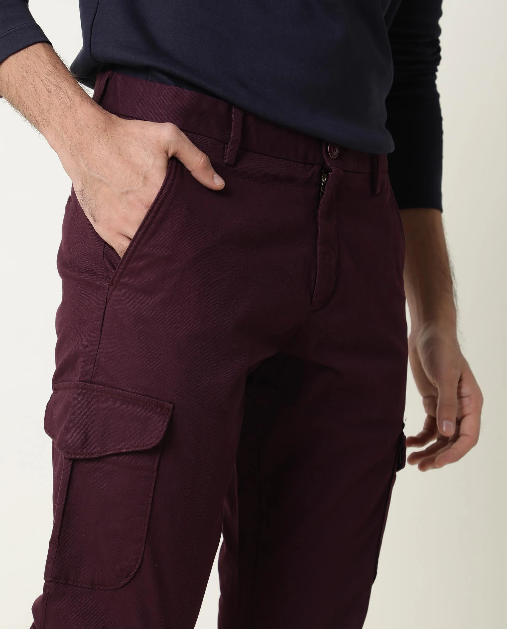 Rare Rabbit Men's Cargo Maroon Cotton Plain Regular Fit Trouser - Image 6