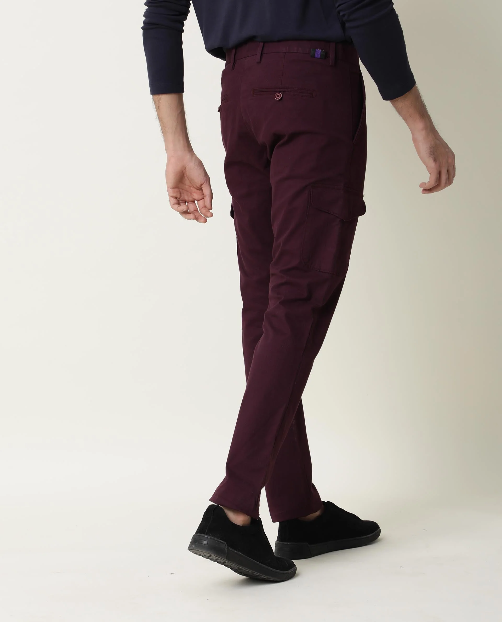 Rare Rabbit Men's Cargo Maroon Cotton Plain Regular Fit Trouser - Image 8