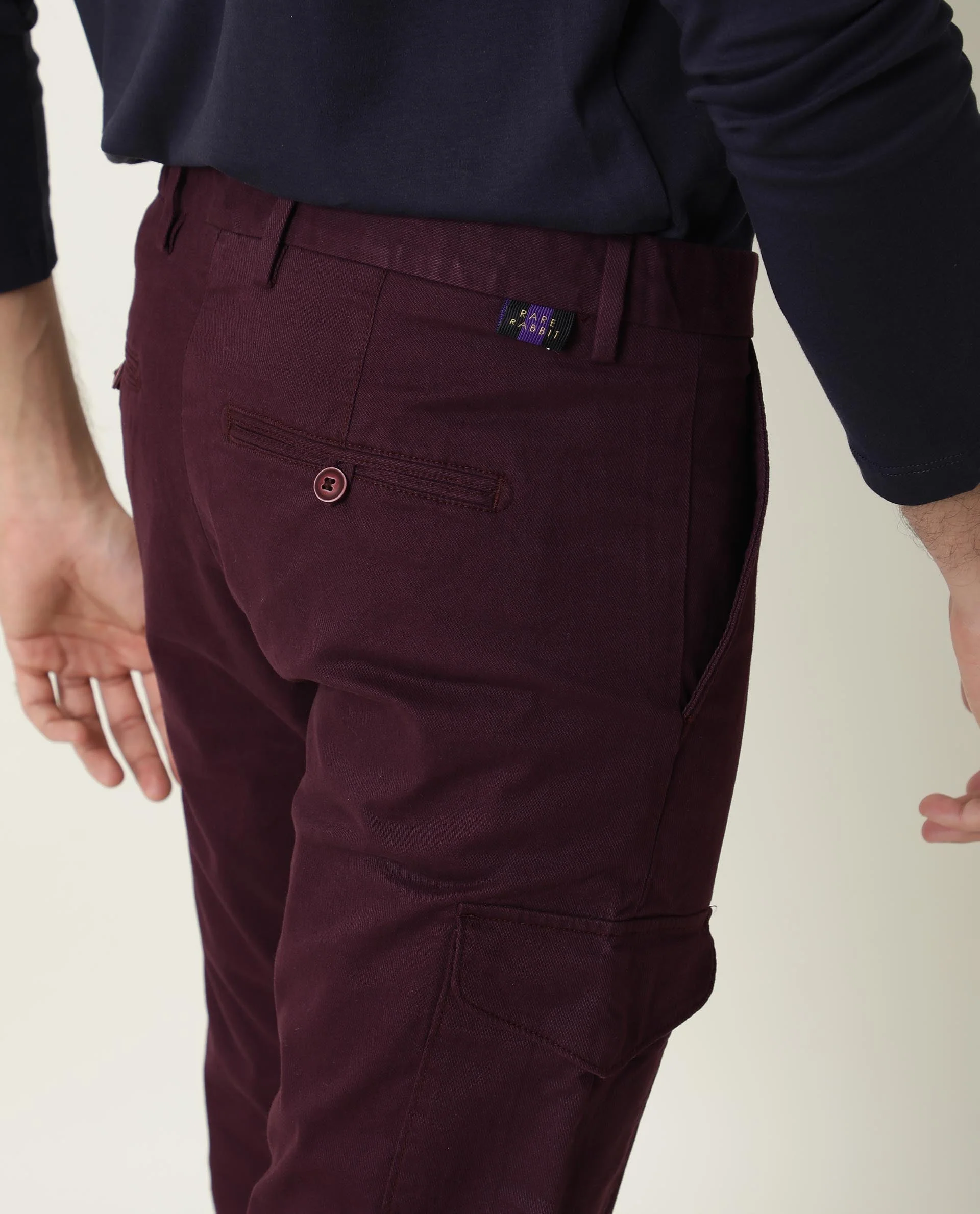 Rare Rabbit Men's Cargo Maroon Cotton Plain Regular Fit Trouser - Image 9