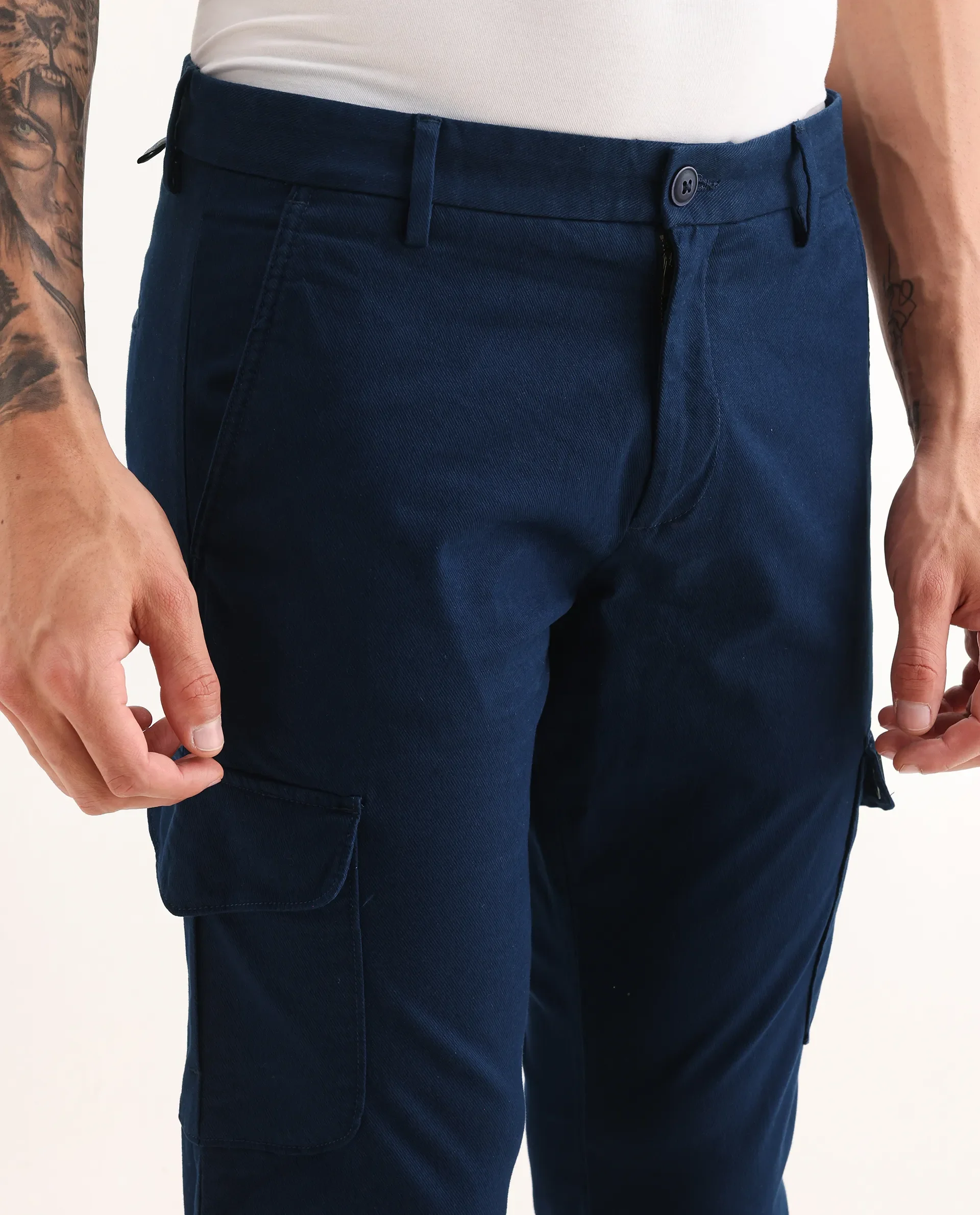 Rare Rabbit Men's Cargo Navy Cotton Plain Regular Fit Trouser - Image 3