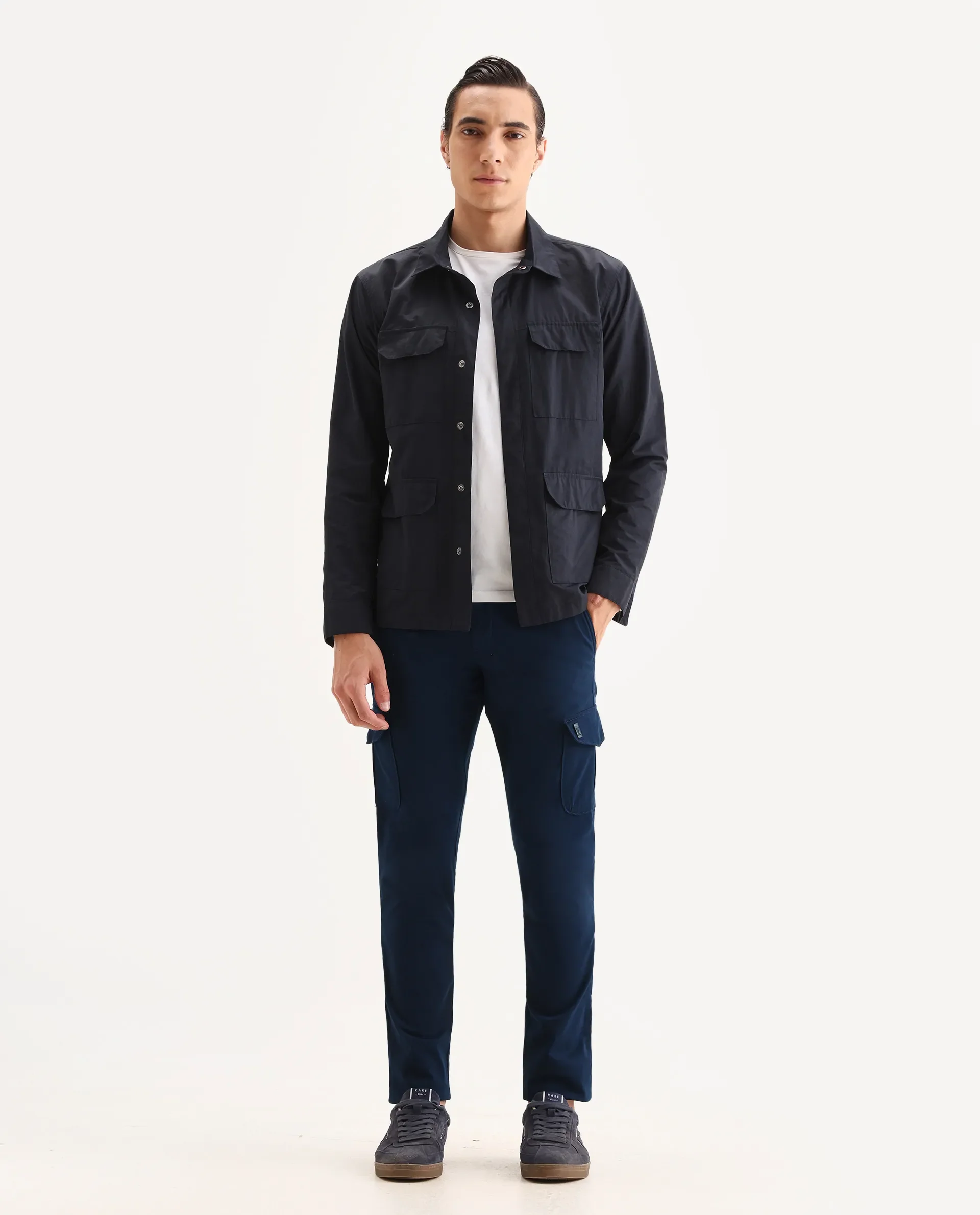 Rare Rabbit Men's Cargo Navy Cotton Plain Regular Fit Trouser - Image 4