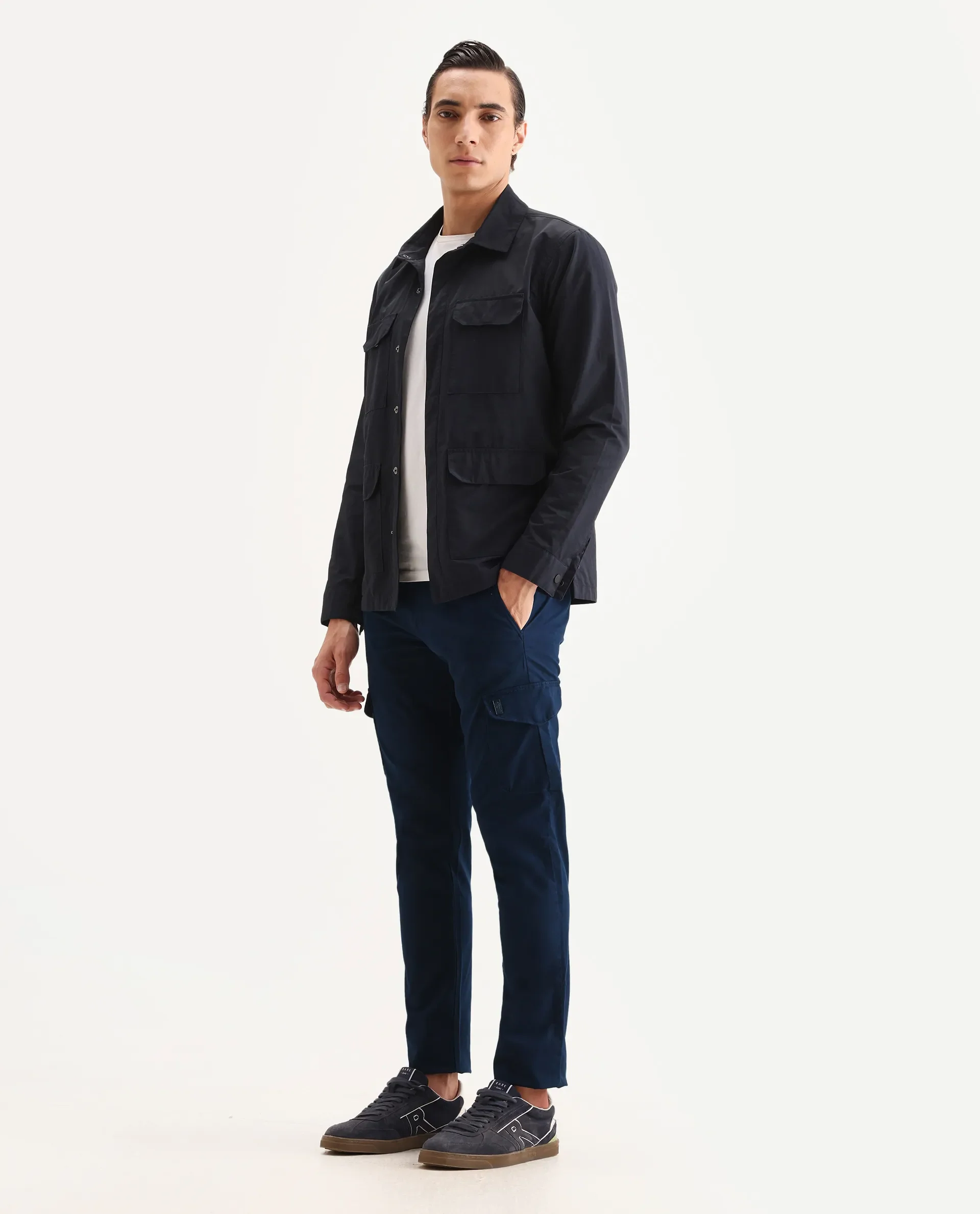 Rare Rabbit Men's Cargo Navy Cotton Plain Regular Fit Trouser - Image 5