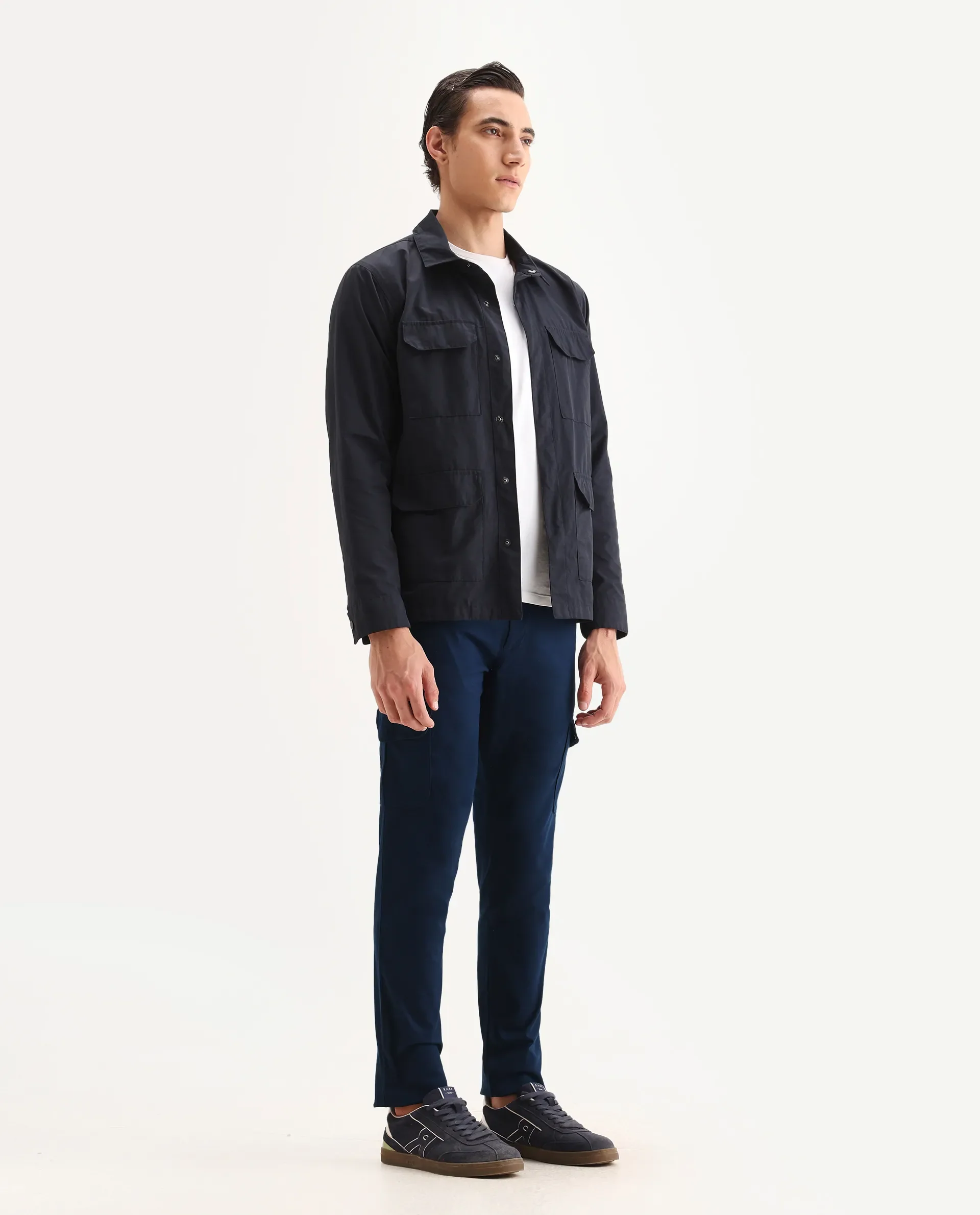 Rare Rabbit Men's Cargo Navy Cotton Plain Regular Fit Trouser - Image 6