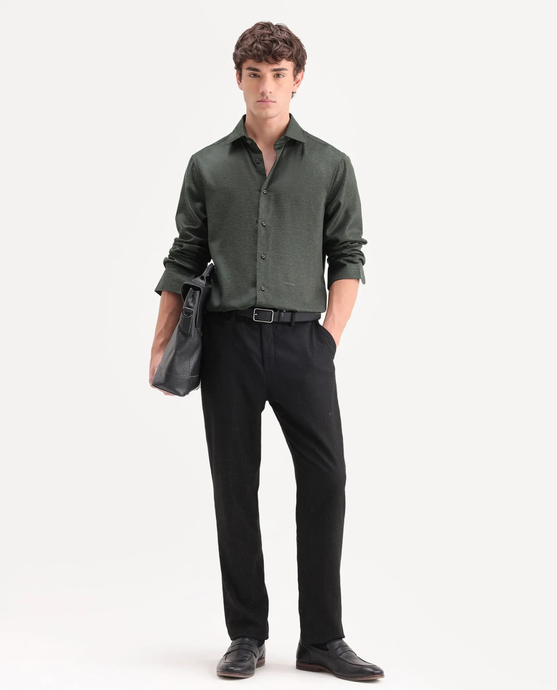 Rare Rabbit Men's Carl Dark Green Polyester Blend Fabric Spread Collar Regular Fit Jacquard Shirt - Image 2