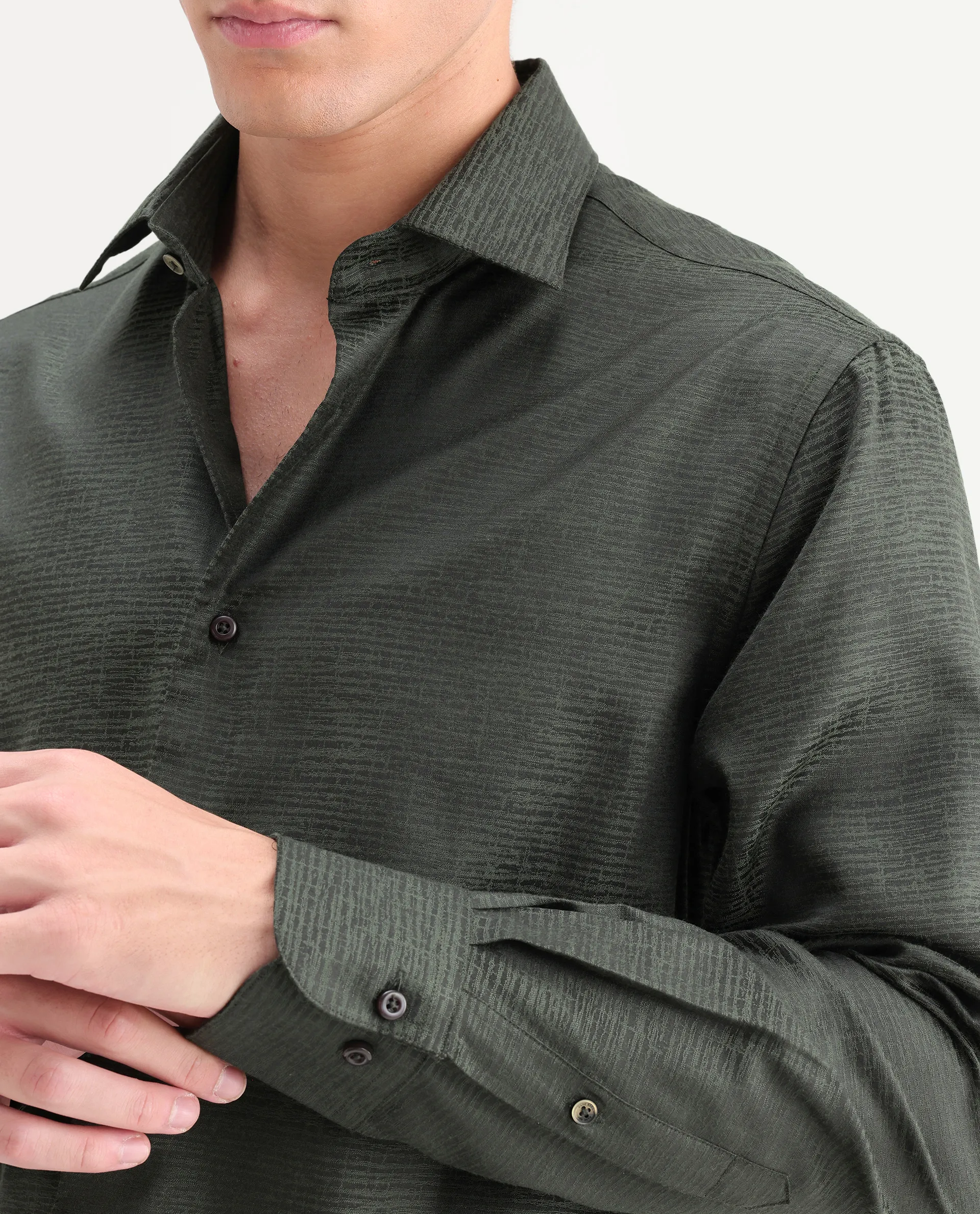 Rare Rabbit Men's Carl Dark Green Polyester Blend Fabric Spread Collar Regular Fit Jacquard Shirt - Image 3