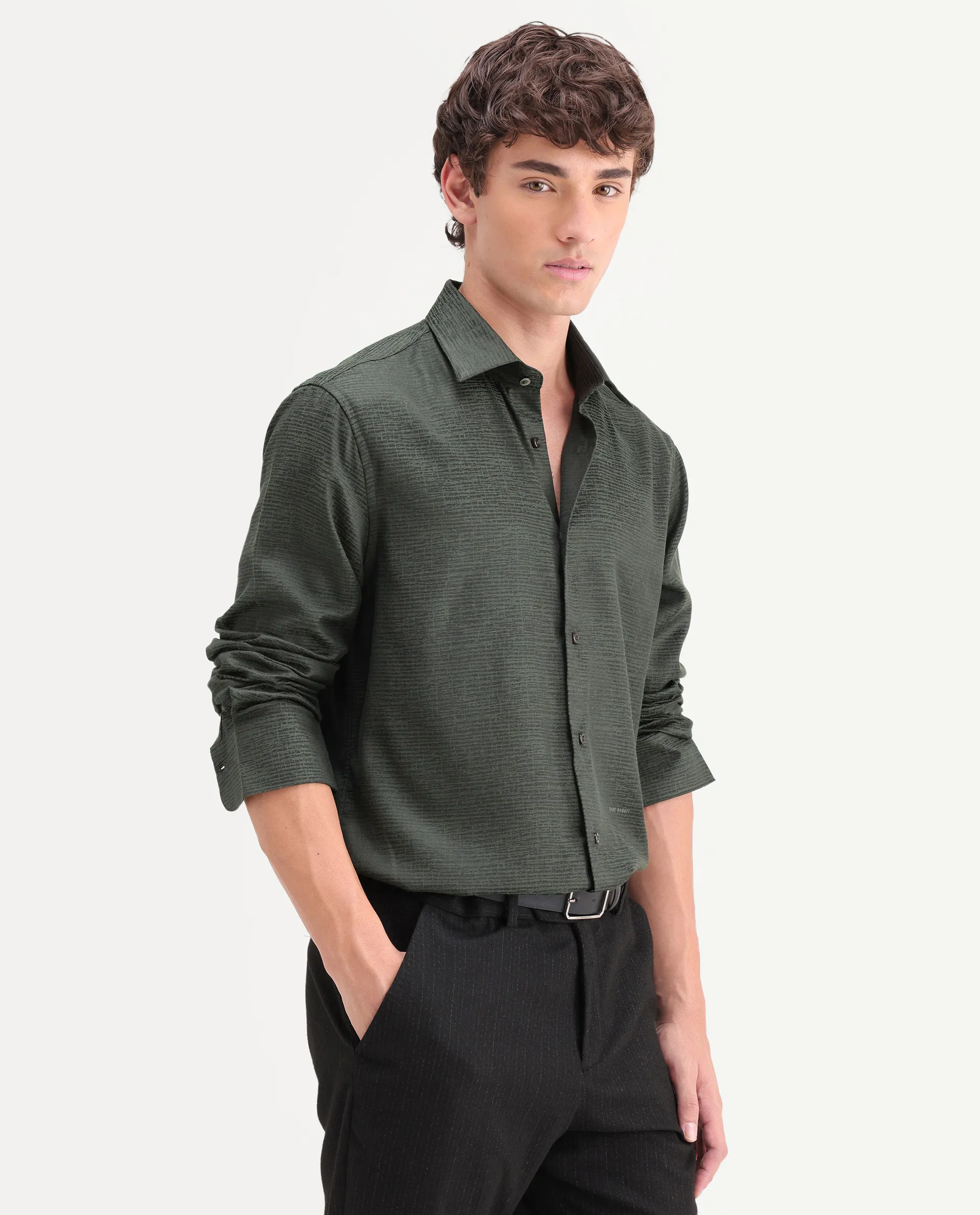 Rare Rabbit Men's Carl Dark Green Polyester Blend Fabric Spread Collar Regular Fit Jacquard Shirt - Image 4