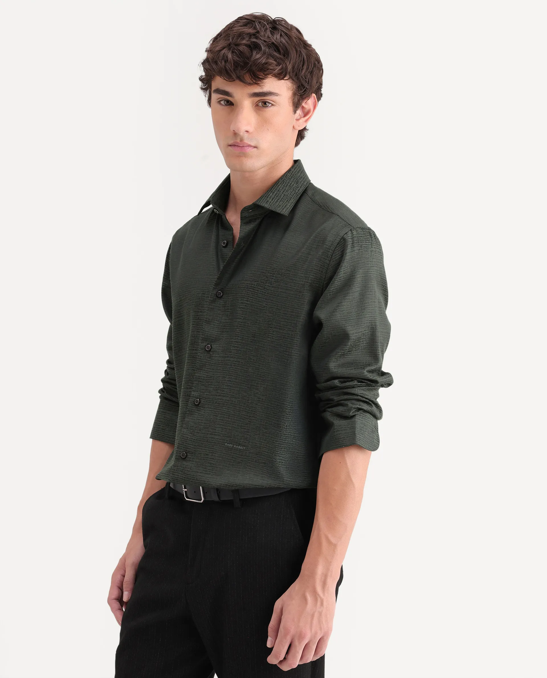 Rare Rabbit Men's Carl Dark Green Polyester Blend Fabric Spread Collar Regular Fit Jacquard Shirt - Image 5