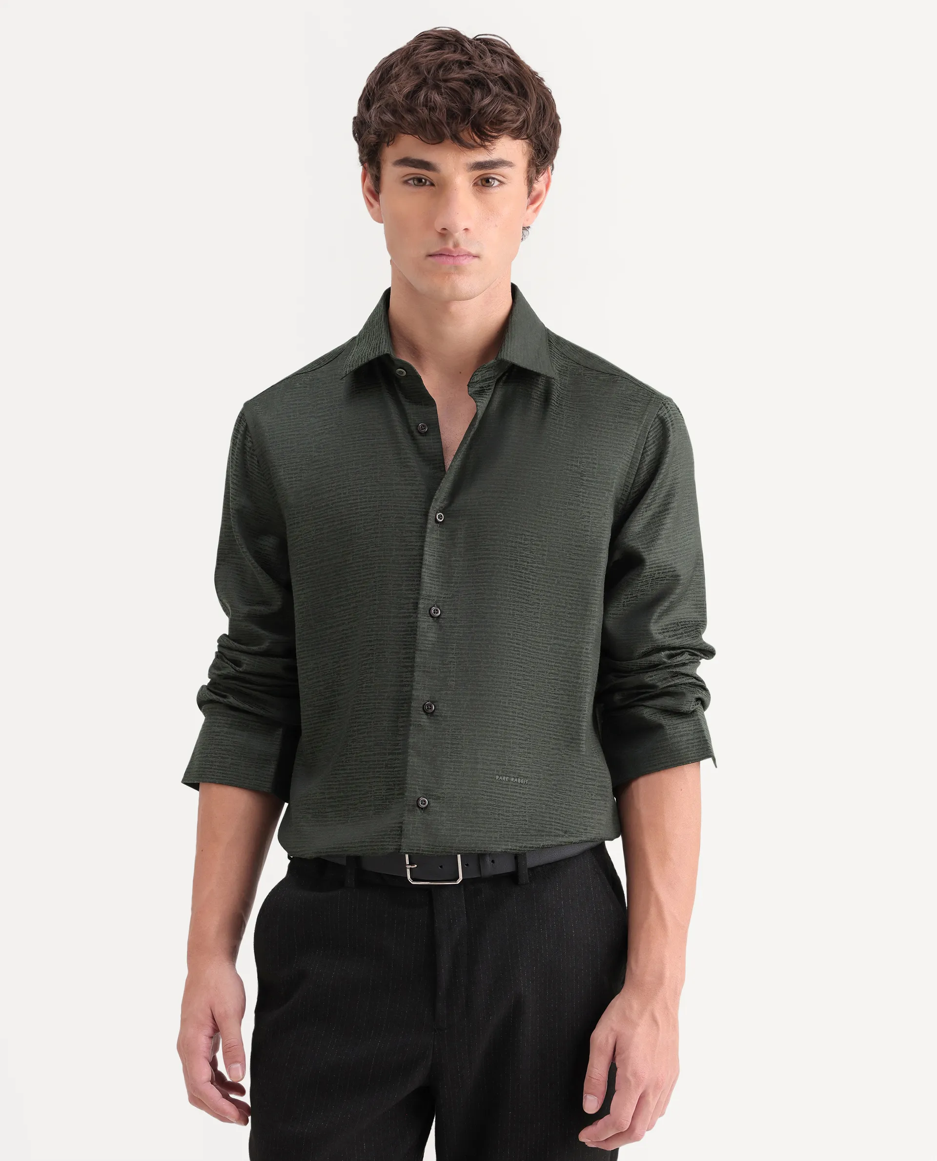 Rare Rabbit Men's Carl Dark Green Polyester Blend Fabric Spread Collar Regular Fit Jacquard Shirt - Image 6