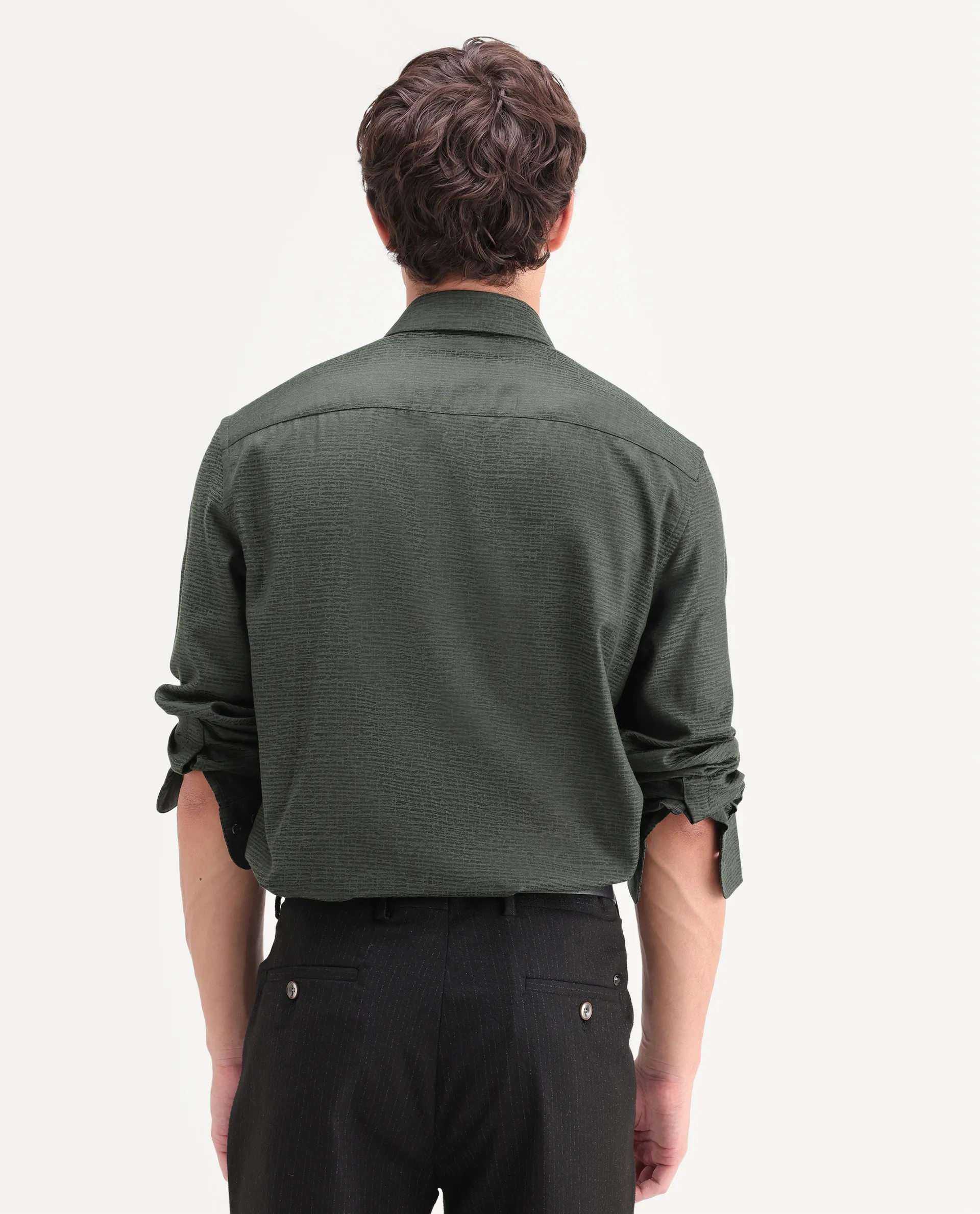 Rare Rabbit Men's Carl Dark Green Polyester Blend Fabric Spread Collar Regular Fit Jacquard Shirt - Image 7