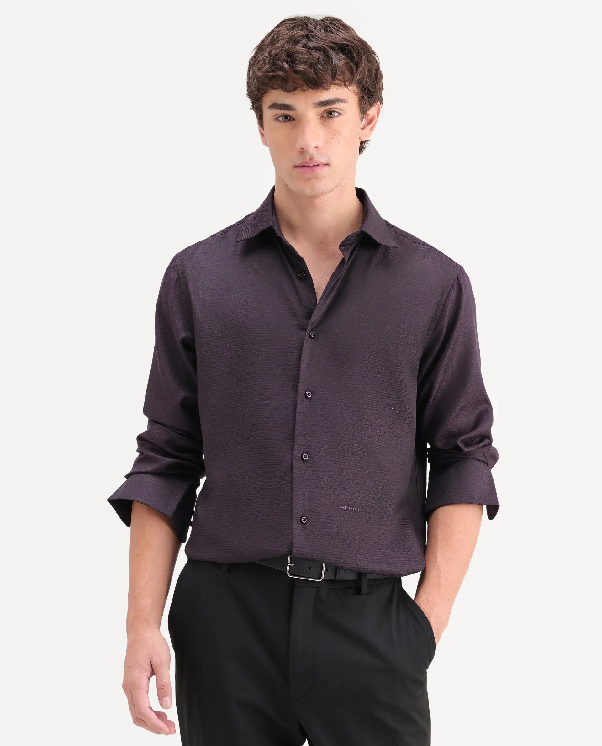 Rare Rabbit Men's Carl Dark Purple Polyester Blend Fabric Spread Collar Regular Fit Jacquard Shirt - Image 4