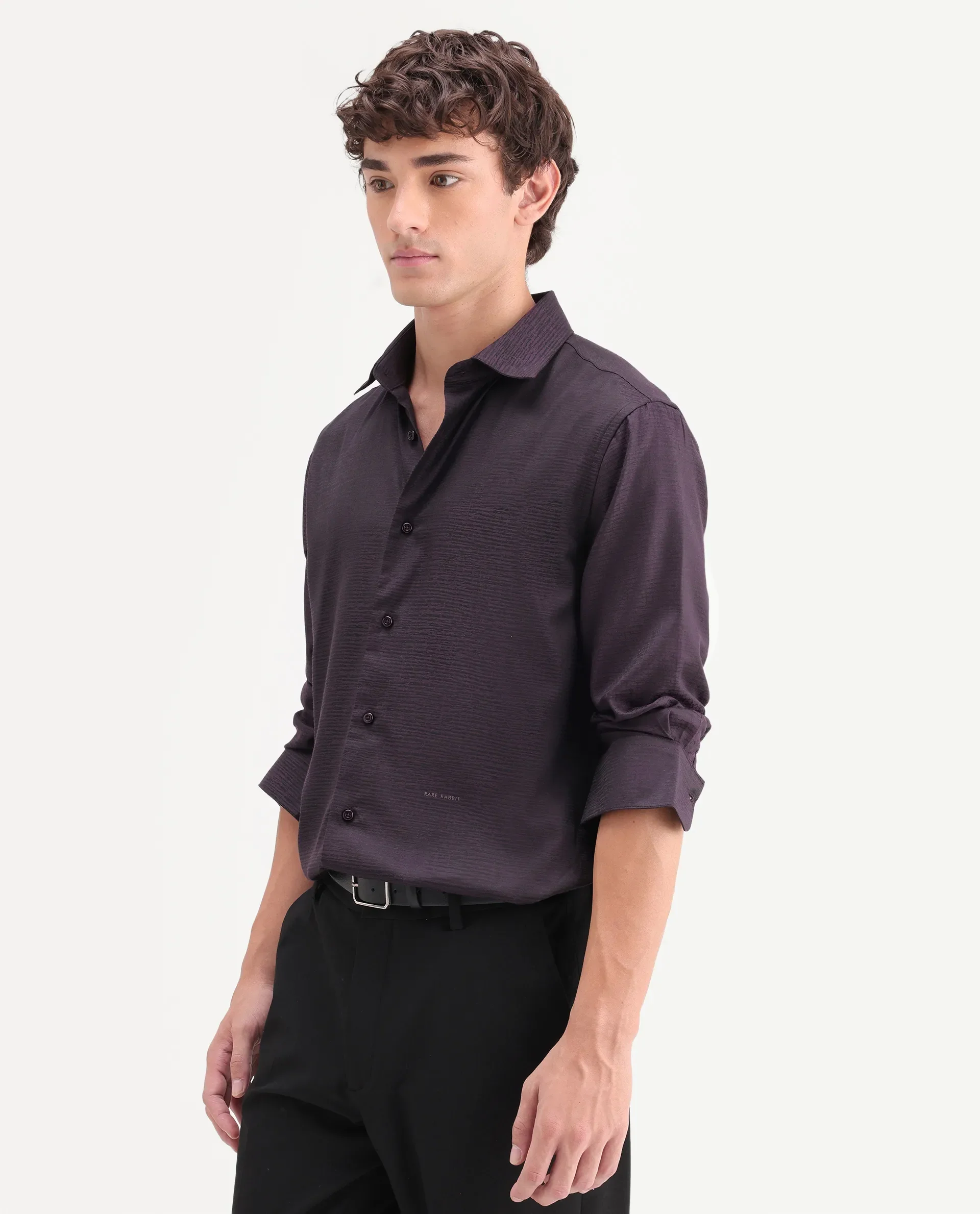 Rare Rabbit Men's Carl Dark Purple Polyester Blend Fabric Spread Collar Regular Fit Jacquard Shirt - Image 6