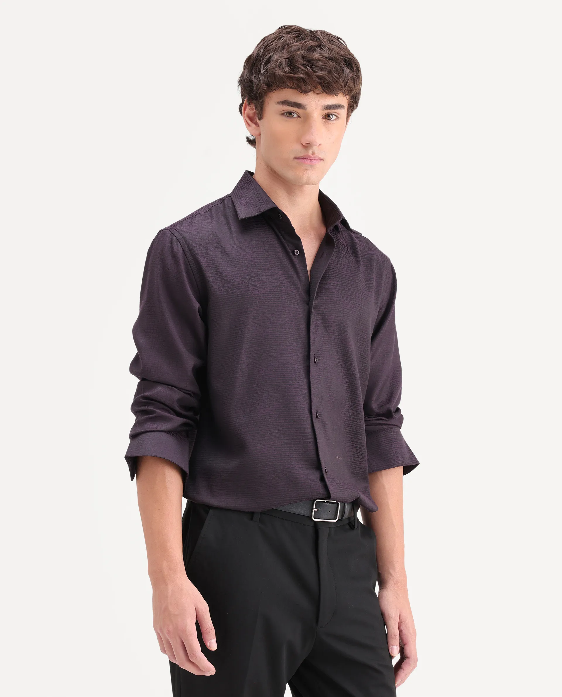 Rare Rabbit Men's Carl Dark Purple Polyester Blend Fabric Spread Collar Regular Fit Jacquard Shirt - Image 7