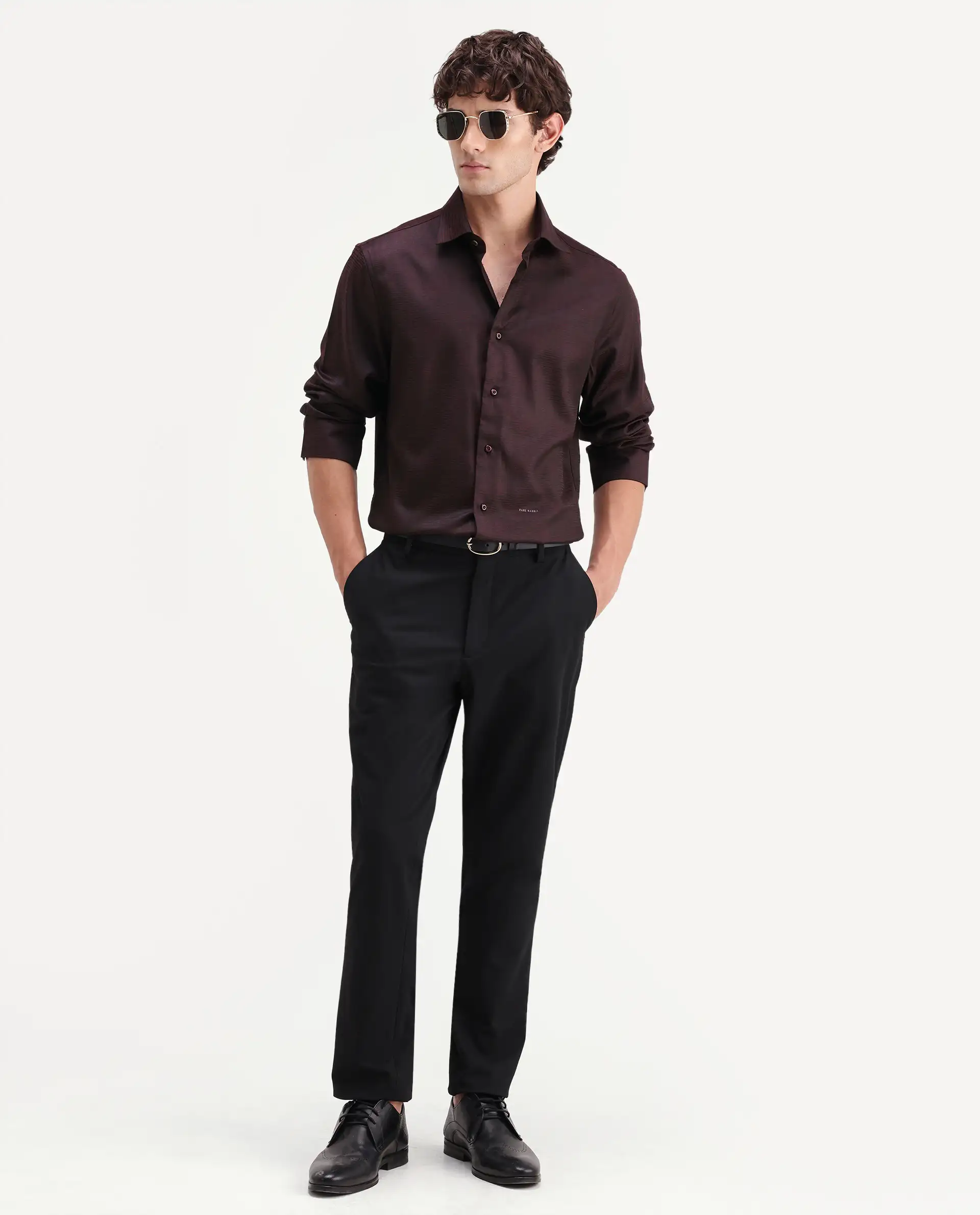 Rare Rabbit Men's Carl Maroon Polyester Blend Fabric Spread Collar Regular Fit Jacquard Shirt - Image 2