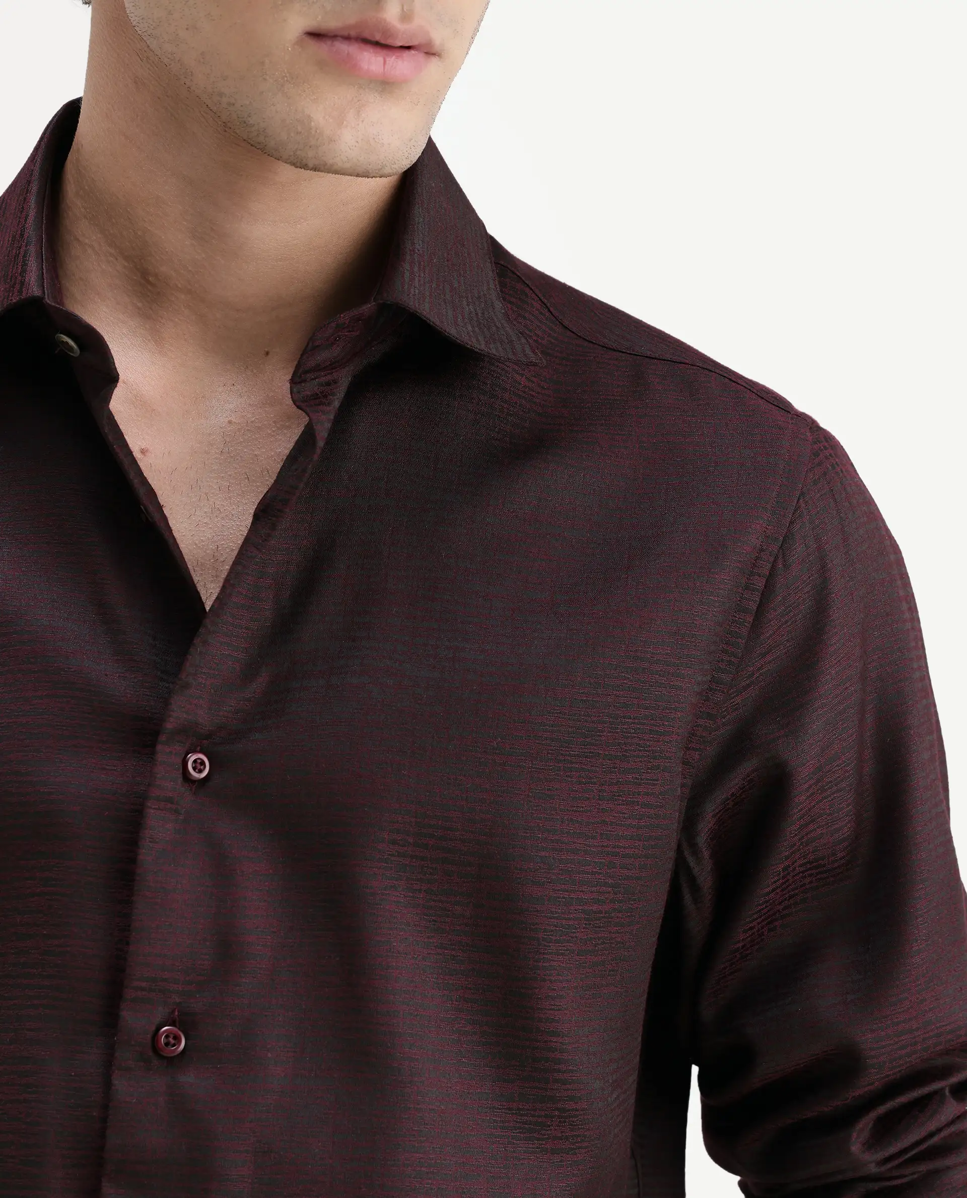 Rare Rabbit Men's Carl Maroon Polyester Blend Fabric Spread Collar Regular Fit Jacquard Shirt - Image 3