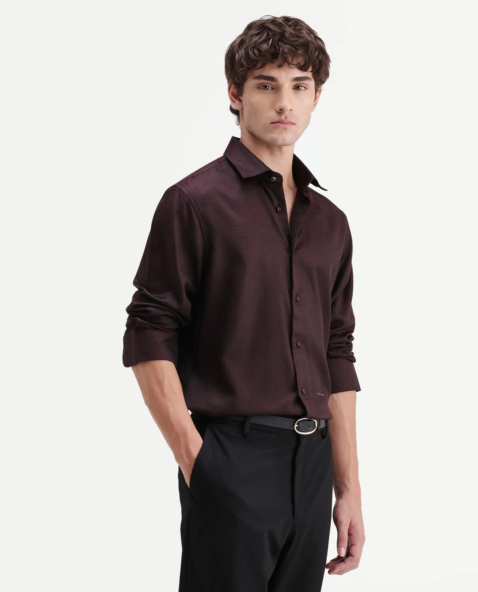 Rare Rabbit Men's Carl Maroon Polyester Blend Fabric Spread Collar Regular Fit Jacquard Shirt - Image 5