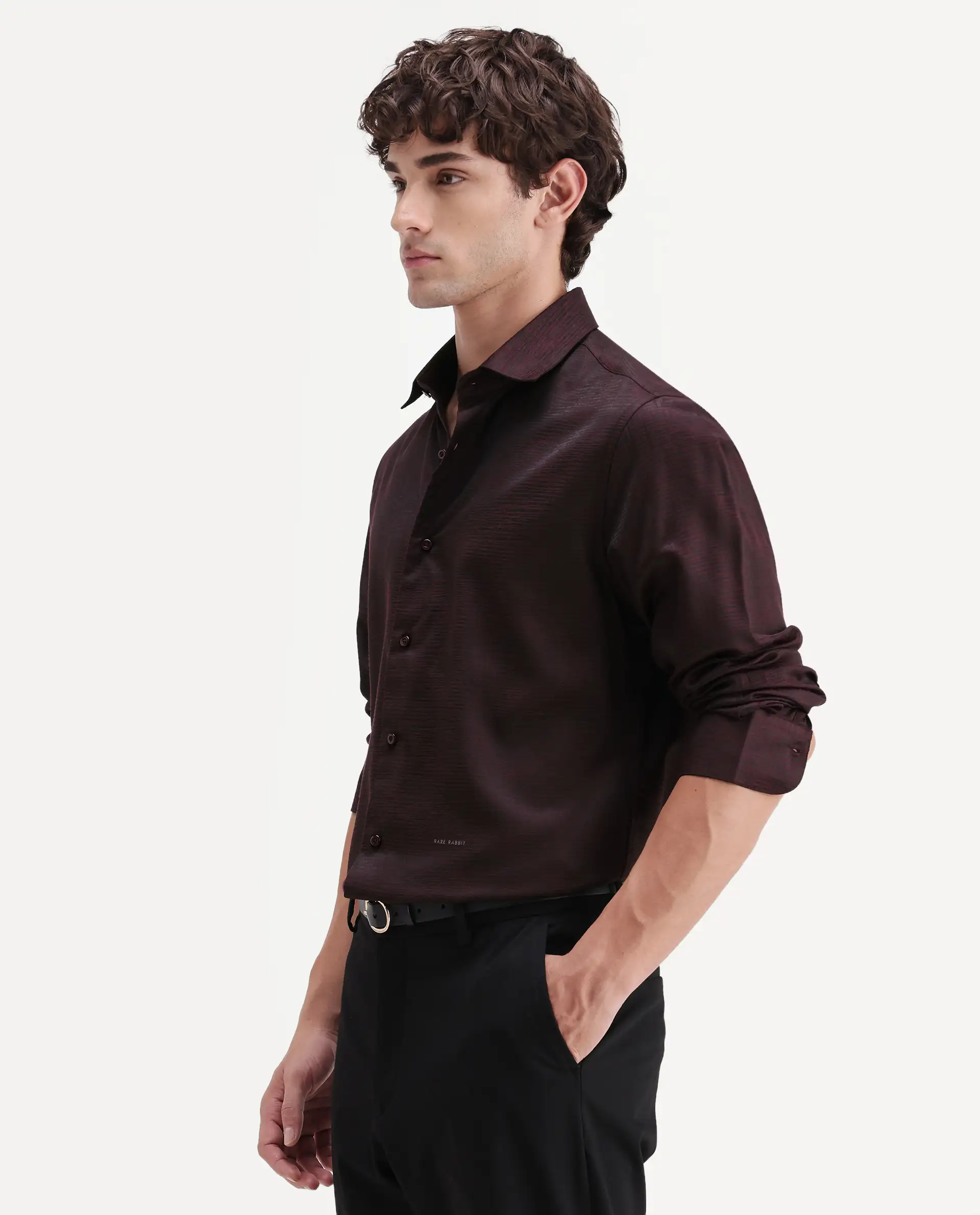 Rare Rabbit Men's Carl Maroon Polyester Blend Fabric Spread Collar Regular Fit Jacquard Shirt - Image 6