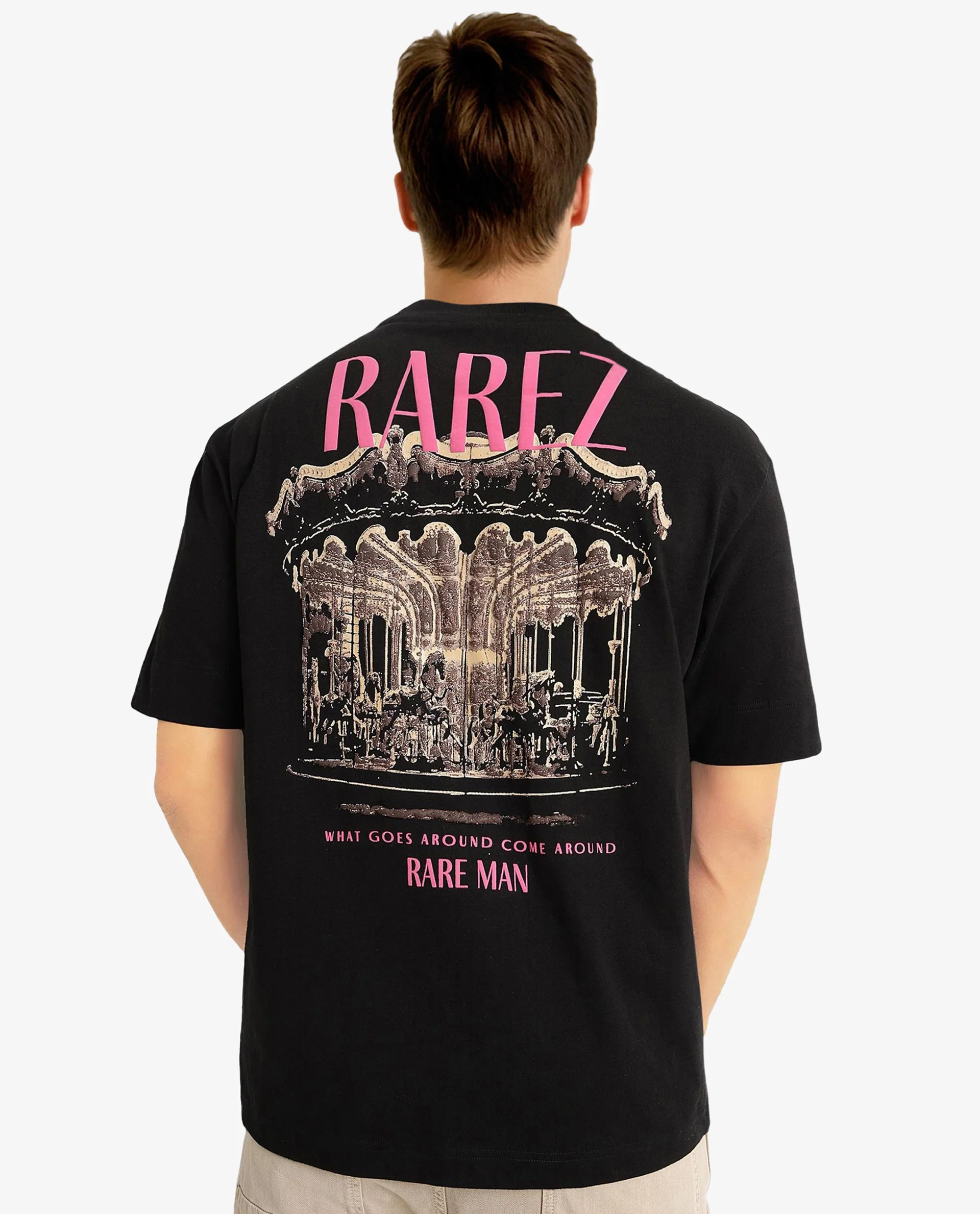 Rare Rabbit Men's Carl Black Graphic Print Oversized Fit Half Sleeve Crew Neck T-Shirt - Image 3