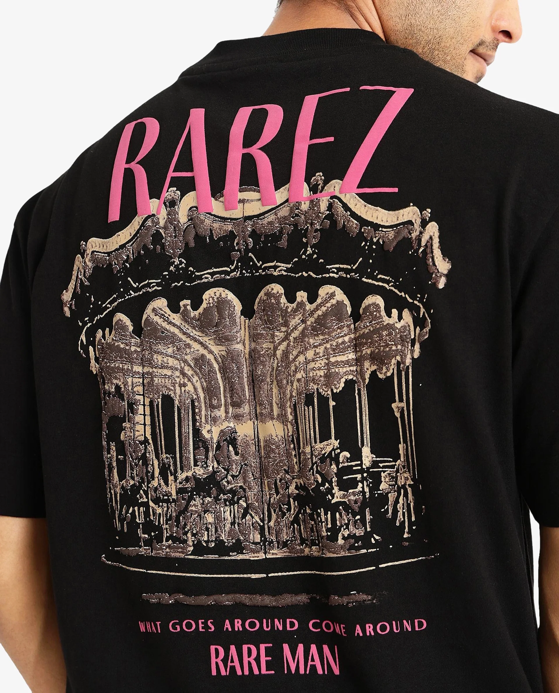 Rare Rabbit Men's Carl Black Graphic Print Oversized Fit Half Sleeve Crew Neck T-Shirt - Image 4