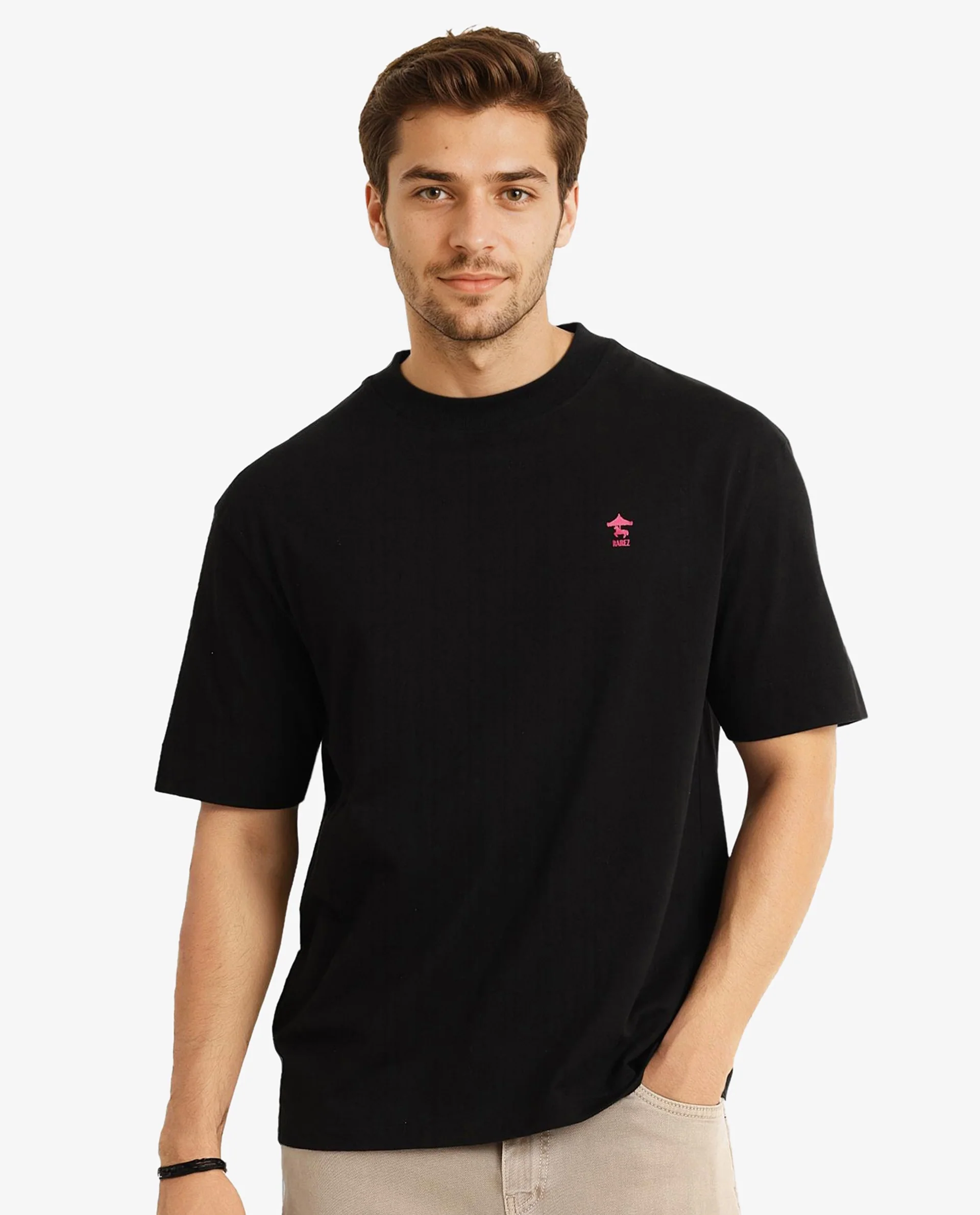 Rare Rabbit Men's Carl Black Graphic Print Oversized Fit Half Sleeve Crew Neck T-Shirt - Image 6