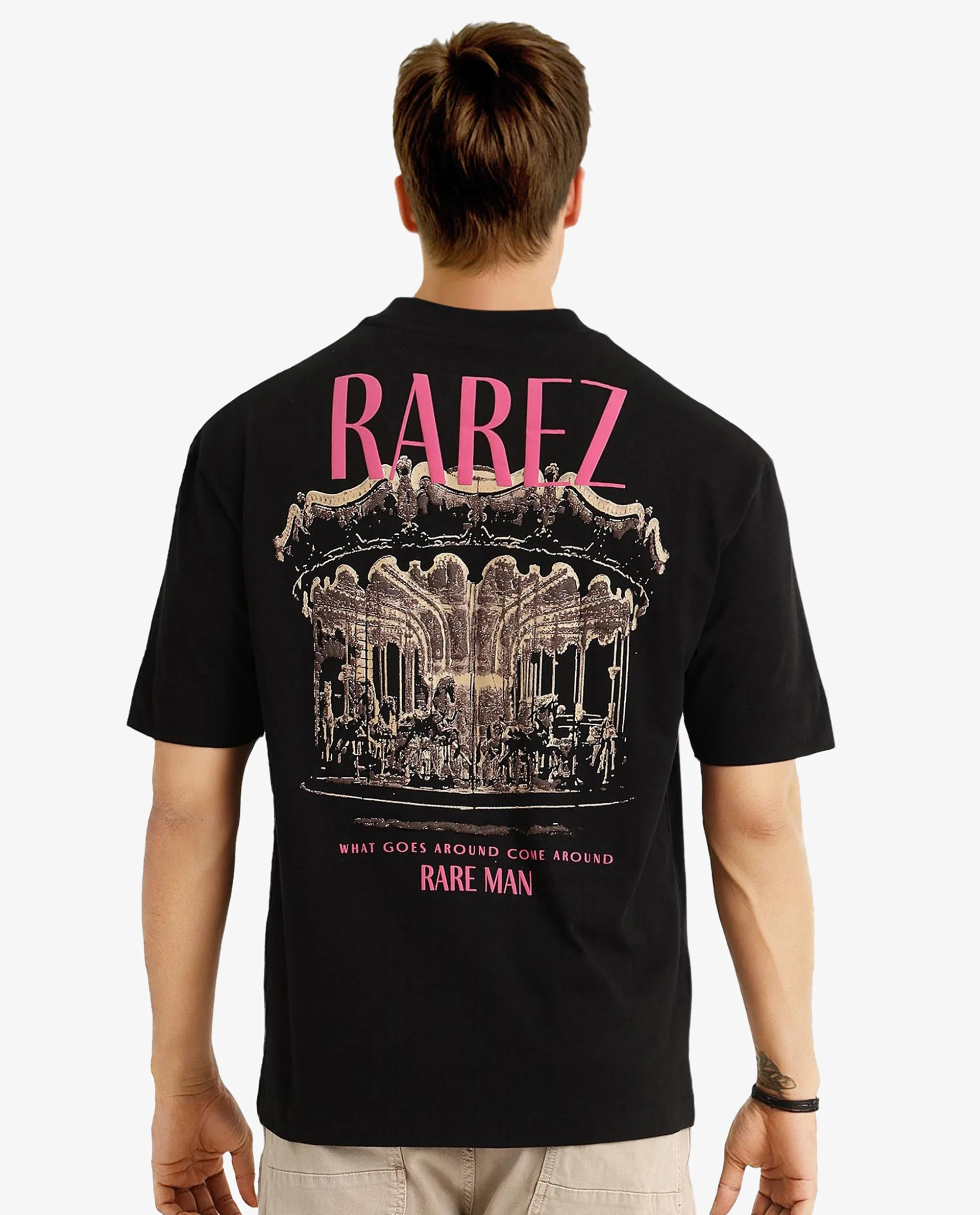 Rare Rabbit Men's Carl Black Graphic Print Oversized Fit Half Sleeve Crew Neck T-Shirt - Image 7