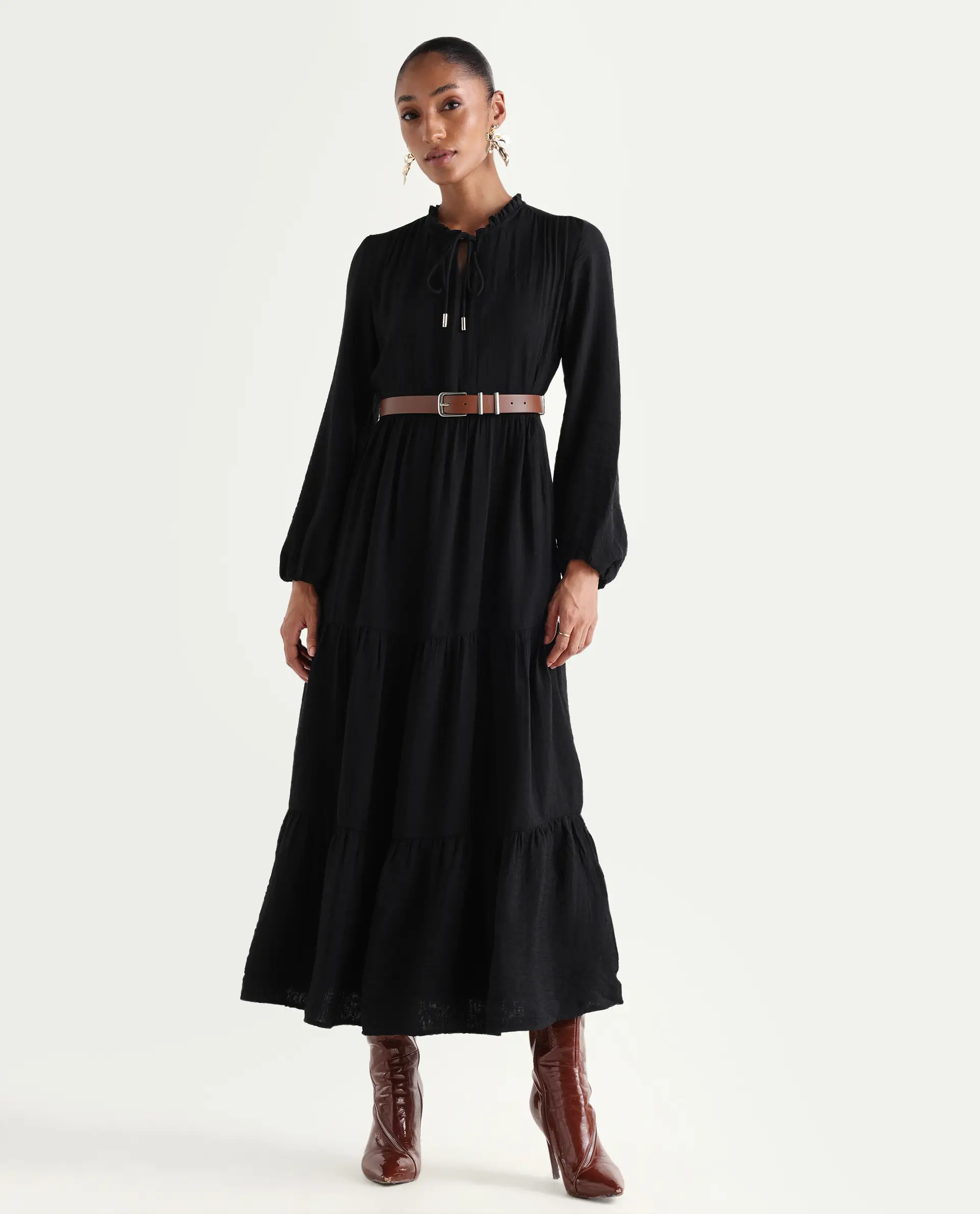 Rareism Women's Carlia Black Viscose Blend Full Sleeve Flared Plain Dress - Image 3