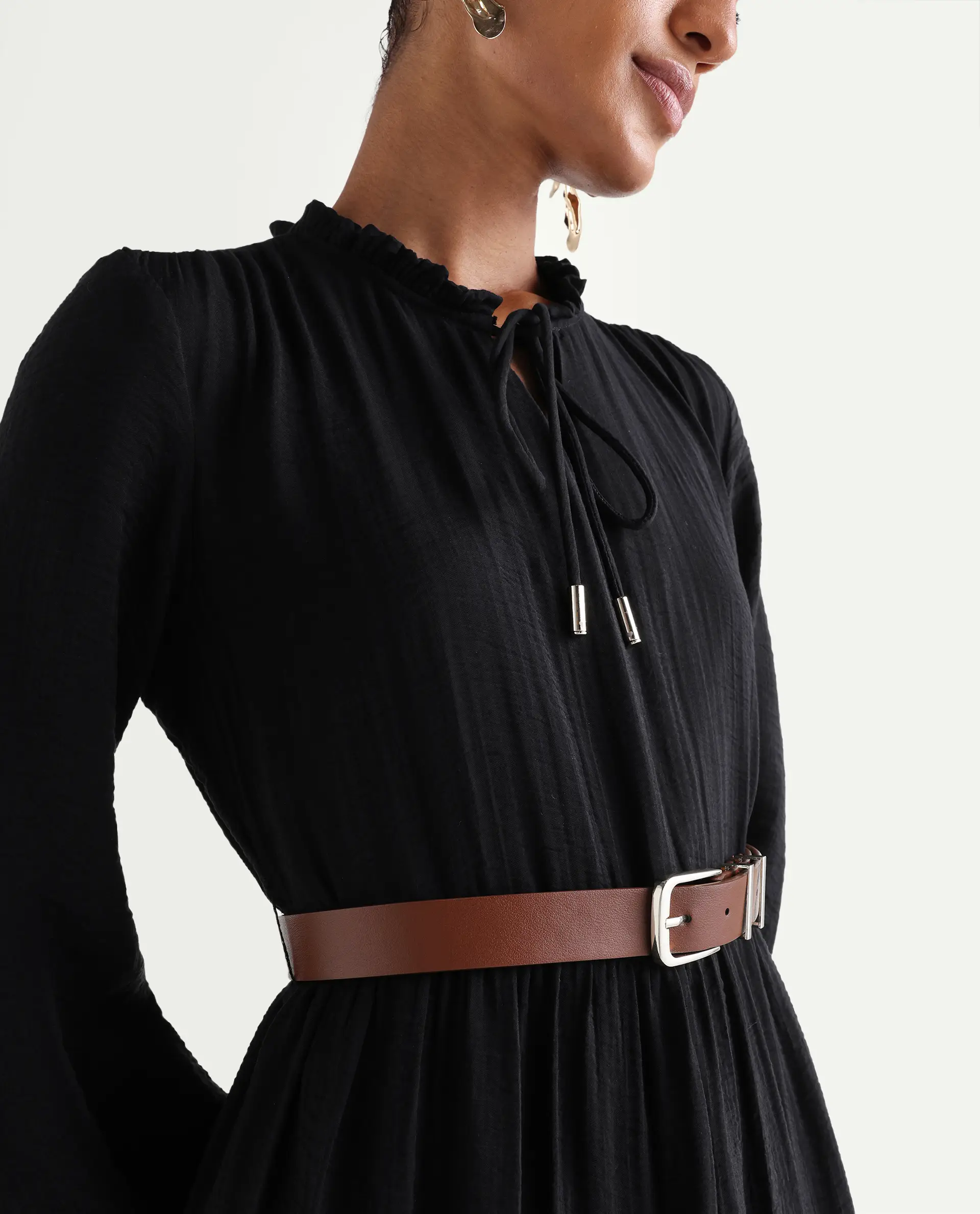 Rareism Women's Carlia Black Viscose Blend Full Sleeve Flared Plain Dress - Image 4